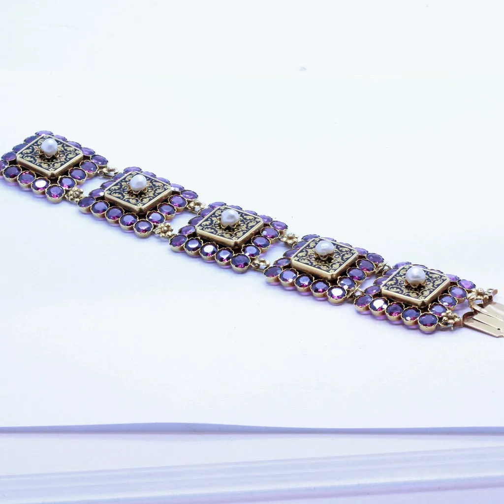 Antique Victorian Bracelet 18k Gold Garnets Pearls Enamel Signed PM (7122)