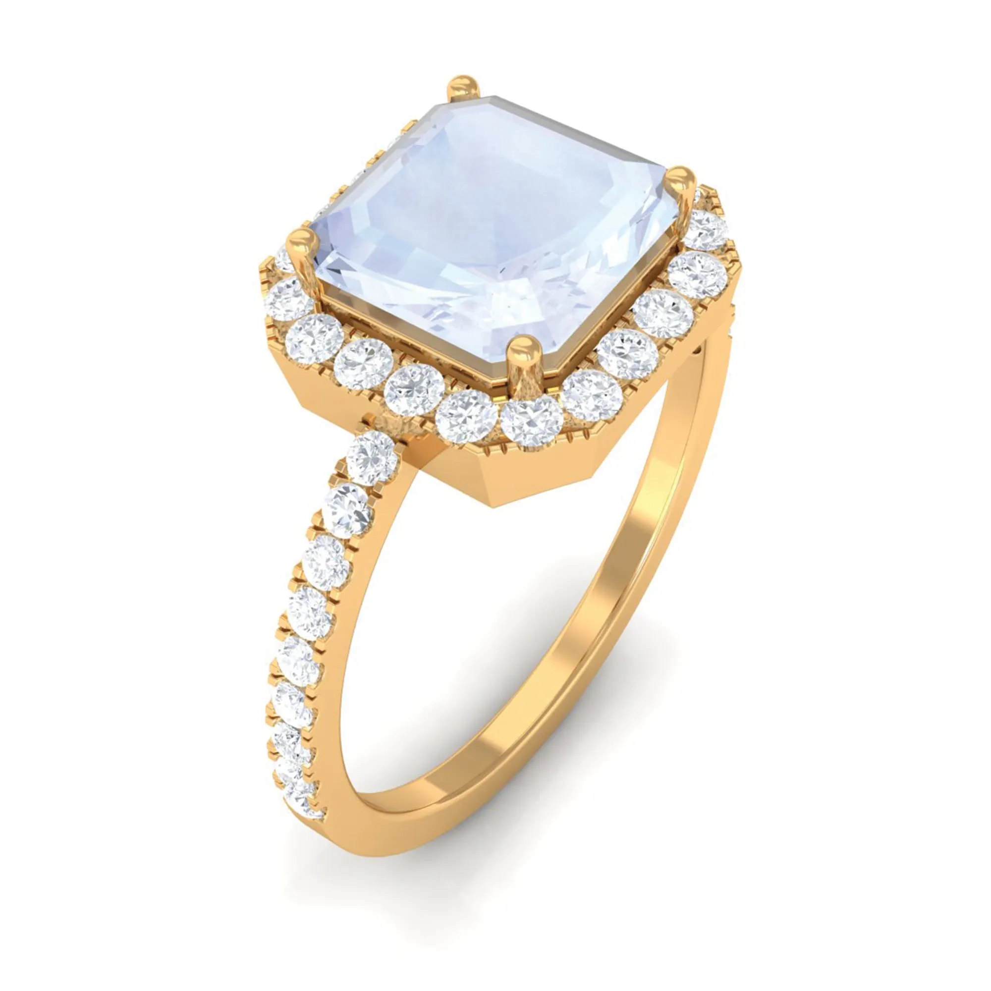 Asscher Cut Moonstone Halo Engagement Ring with Diamond