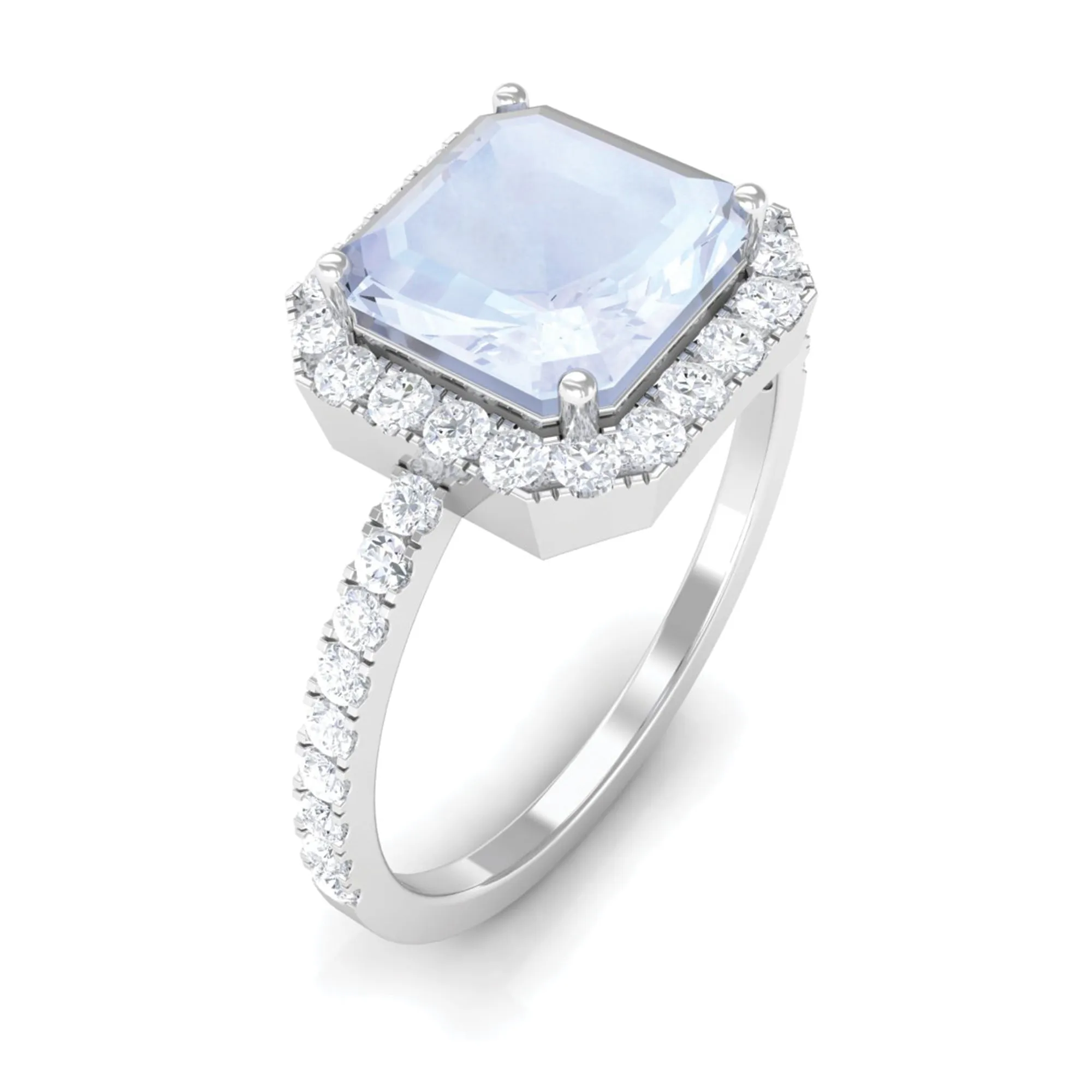 Asscher Cut Moonstone Halo Engagement Ring with Diamond