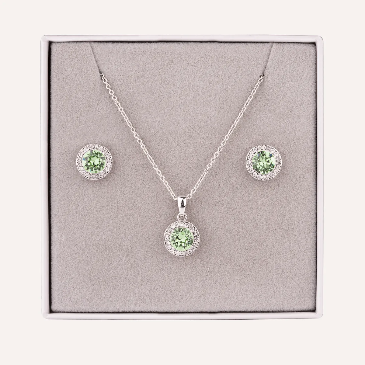 August Peridot-Colour Birthstone Necklace & Earring Set In Silver-Tone