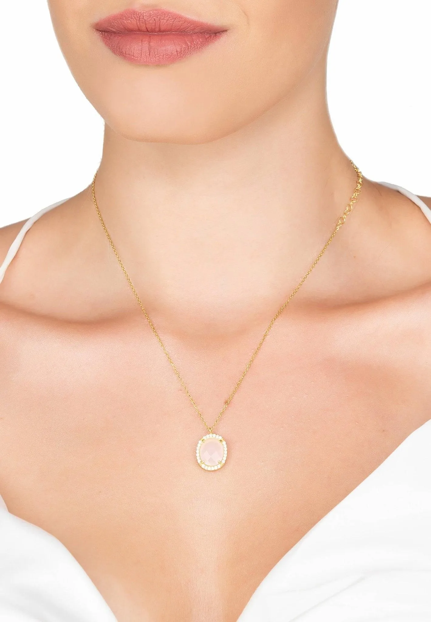Beatrice Oval Gemstone Pendant Necklace Gold Rose Quartz