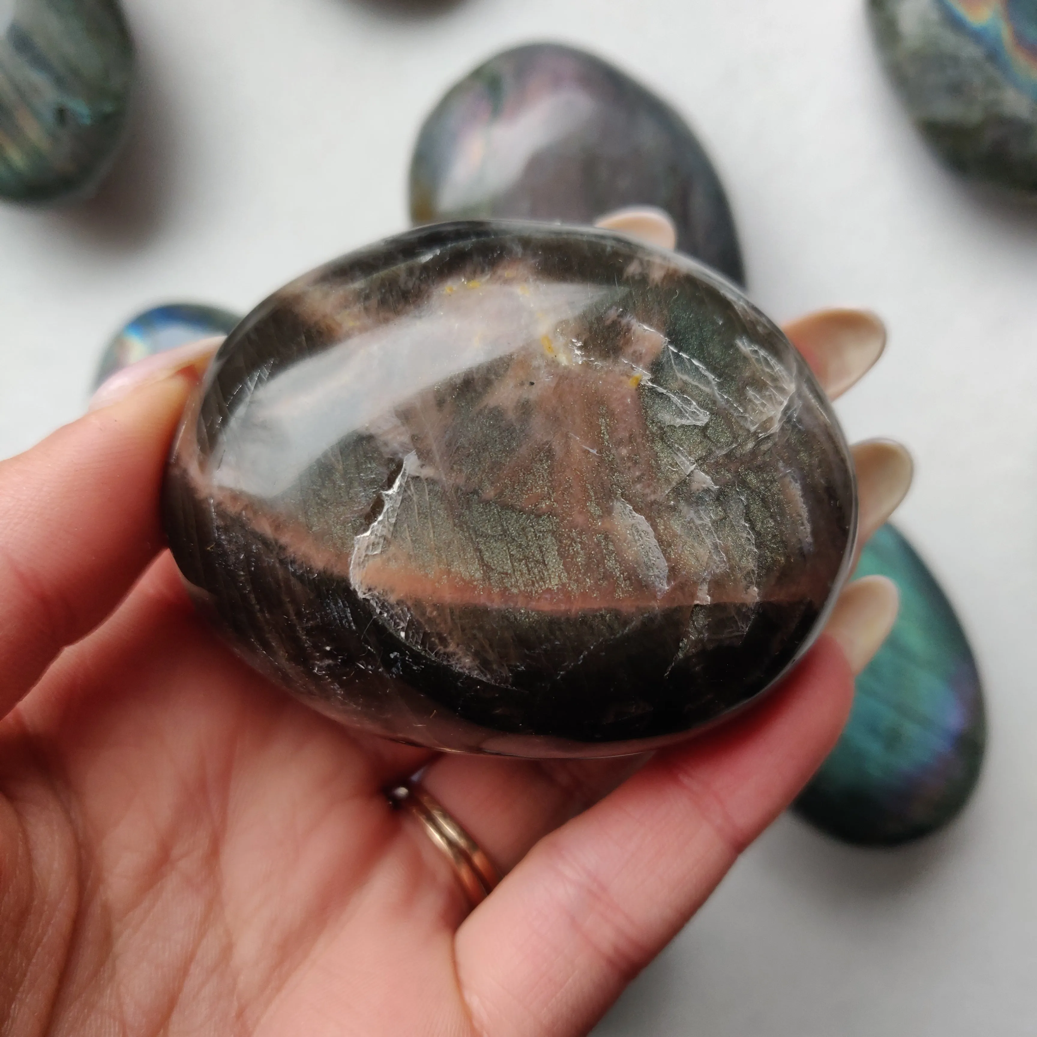 Black Moonstone Palm Stone, Flashy Black Moonstone (#2)