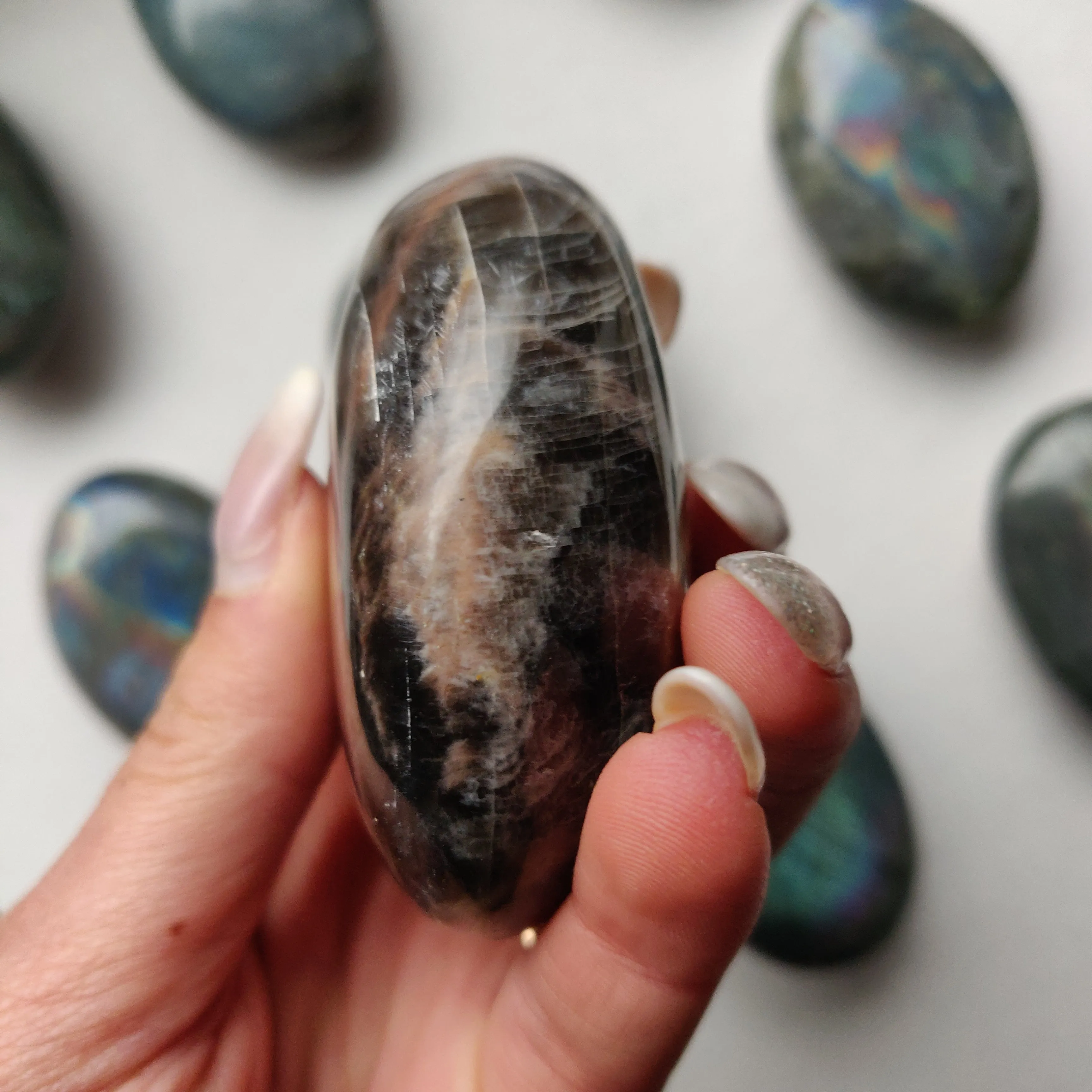 Black Moonstone Palm Stone, Flashy Black Moonstone (#2)