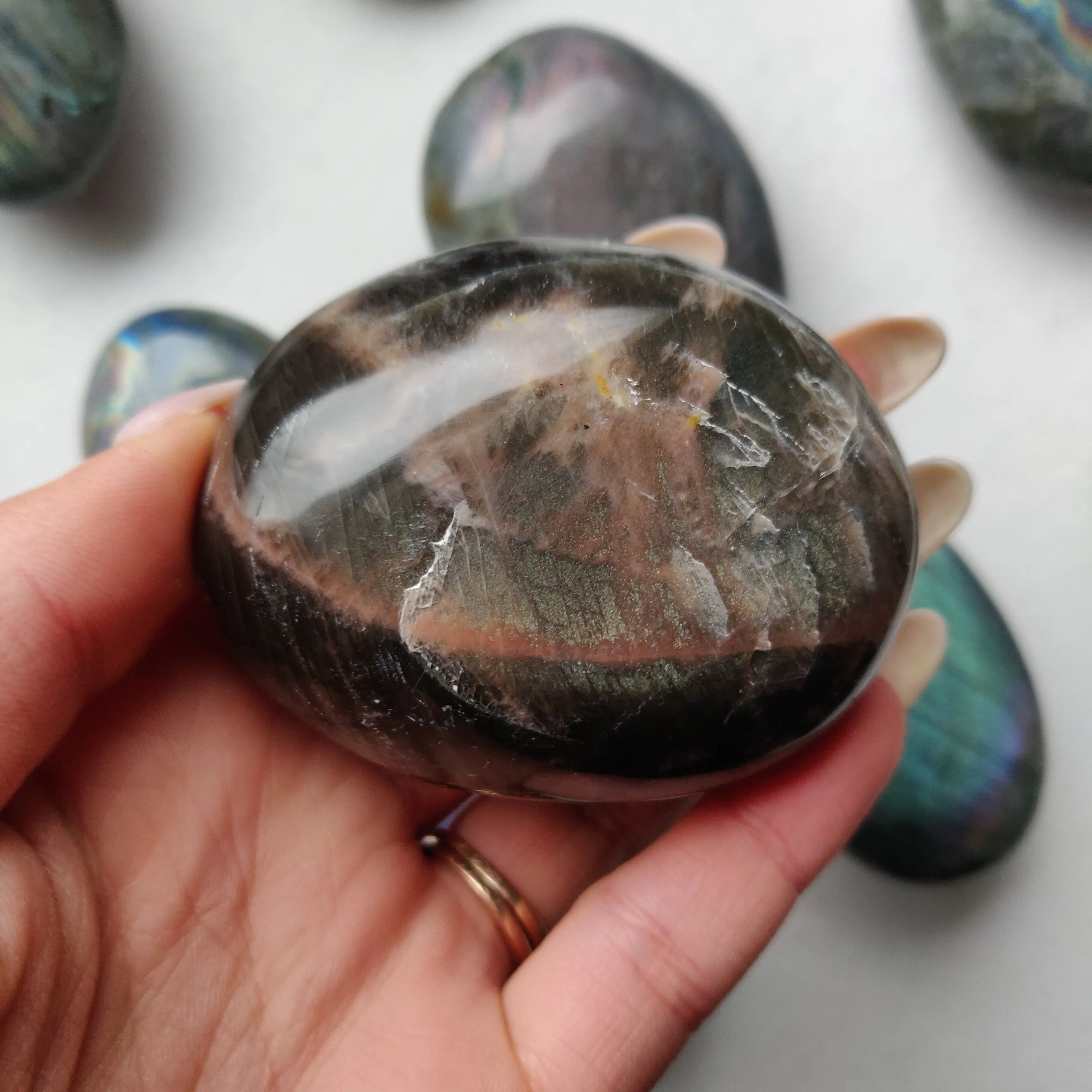 Black Moonstone Palm Stone, Flashy Black Moonstone (#2)