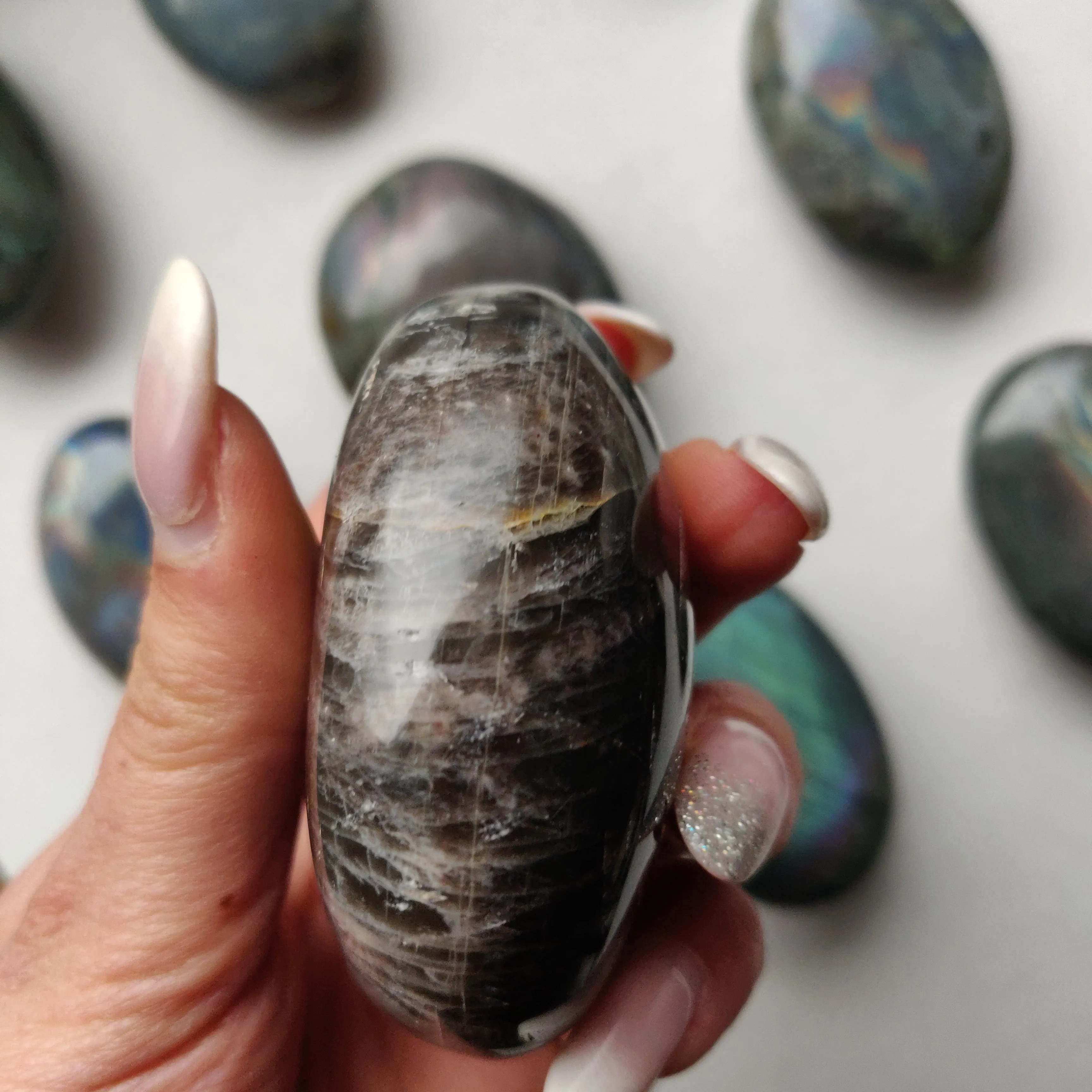 Black Moonstone Palm Stone, Flashy Black Moonstone (#2)