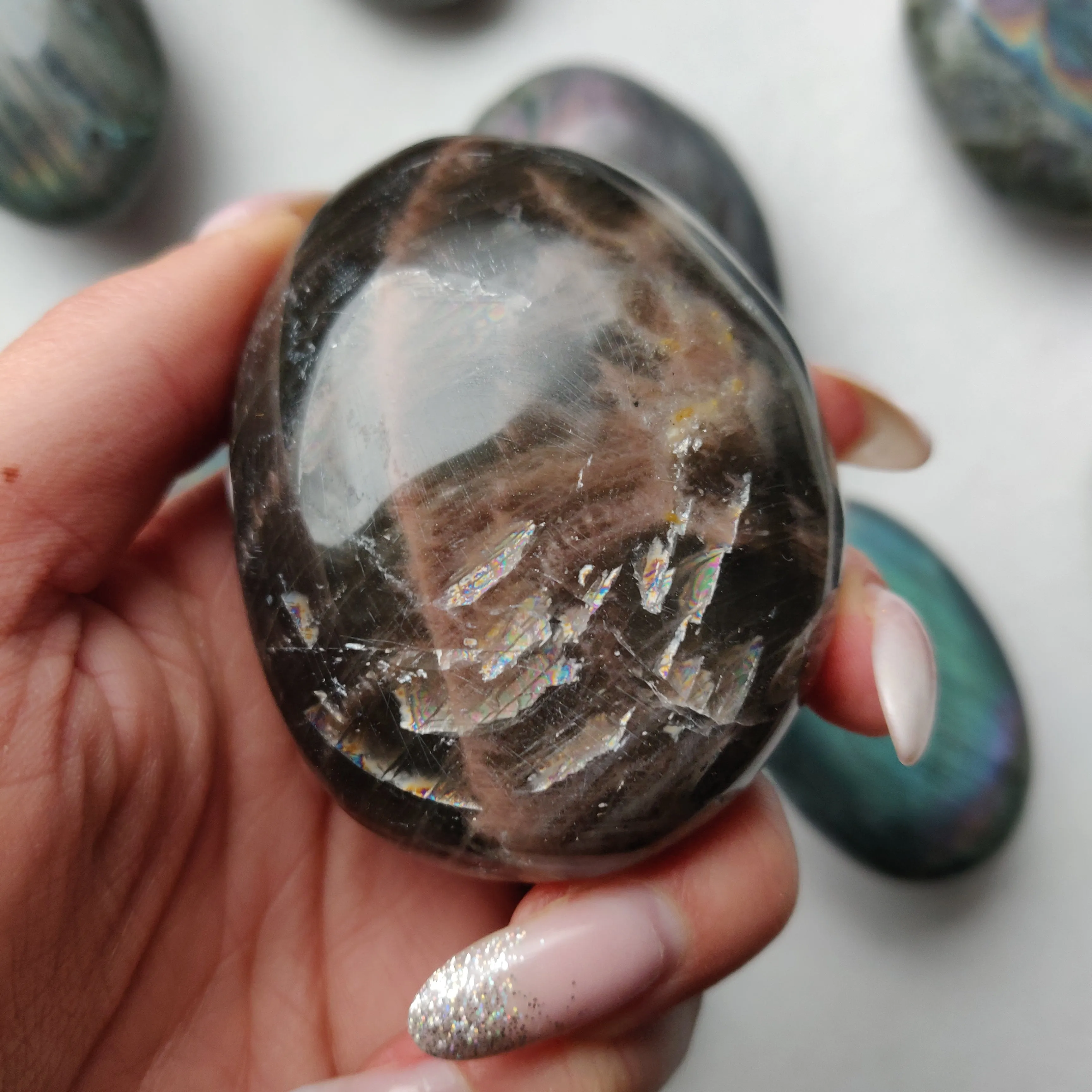 Black Moonstone Palm Stone, Flashy Black Moonstone (#2)