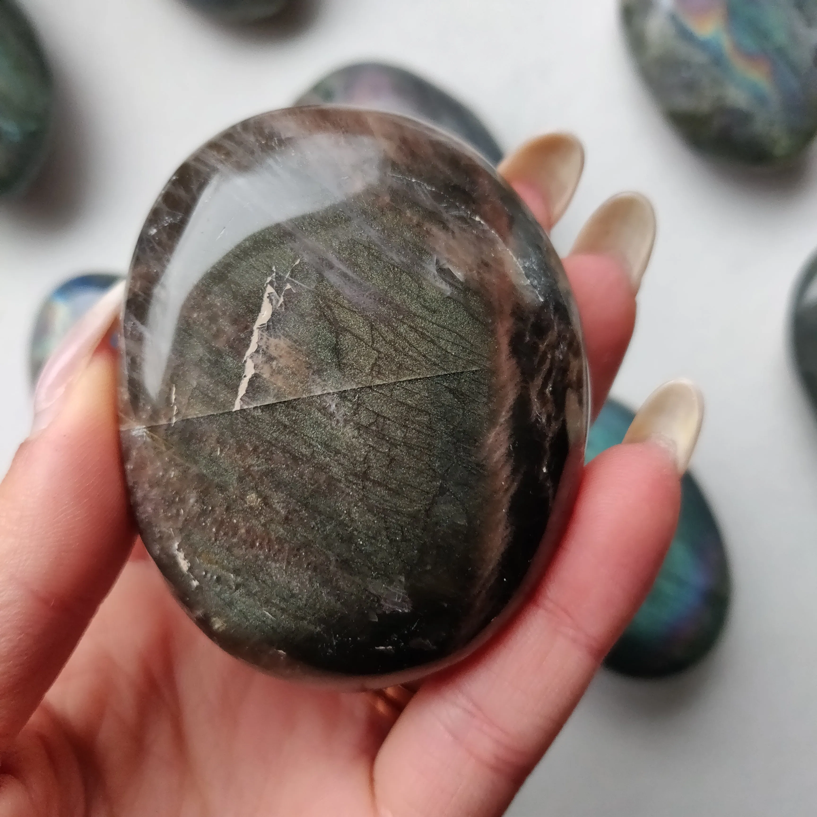 Black Moonstone Palm Stone, Flashy Black Moonstone (#2)