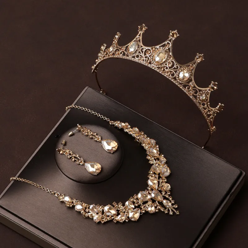 Bridal Headwear Champagne-color Fashion Style Classical Ladies' Crown Necklace Earrings 3 Pcs Set For Wedding