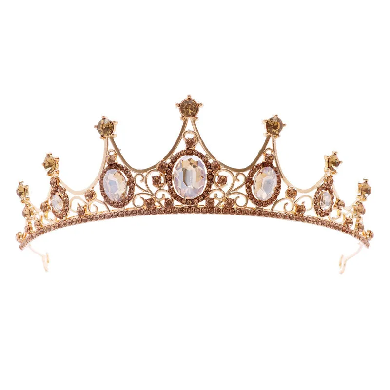 Bridal Headwear Champagne-color Fashion Style Classical Ladies' Crown Necklace Earrings 3 Pcs Set For Wedding