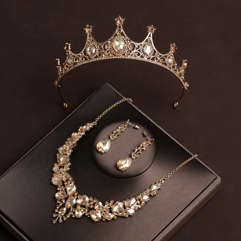 Bridal Headwear Champagne-color Fashion Style Classical Ladies' Crown Necklace Earrings 3 Pcs Set For Wedding