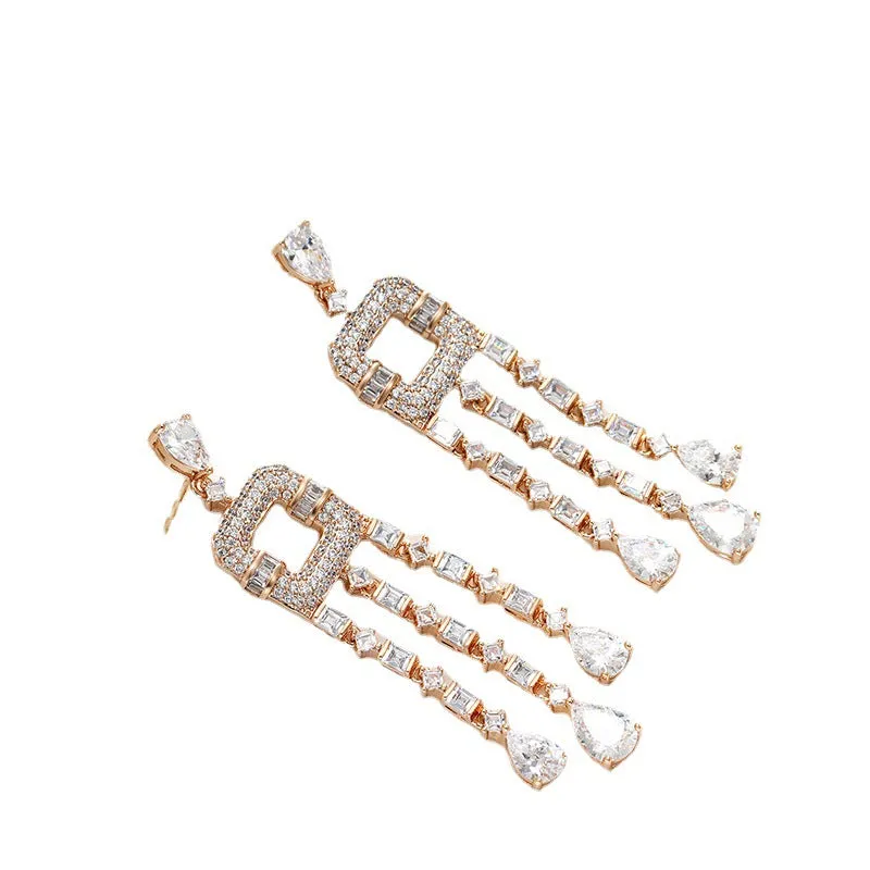 Caibao series hollow square splicing tassel earrings long smart retro palace style earrings for women