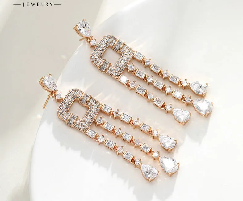 Caibao series hollow square splicing tassel earrings long smart retro palace style earrings for women