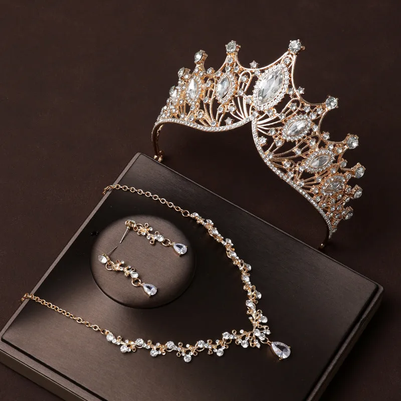 Champagne gold European and American retro atmospheric crown wedding dress bridal tiara dress necklace three-piece set of accessories