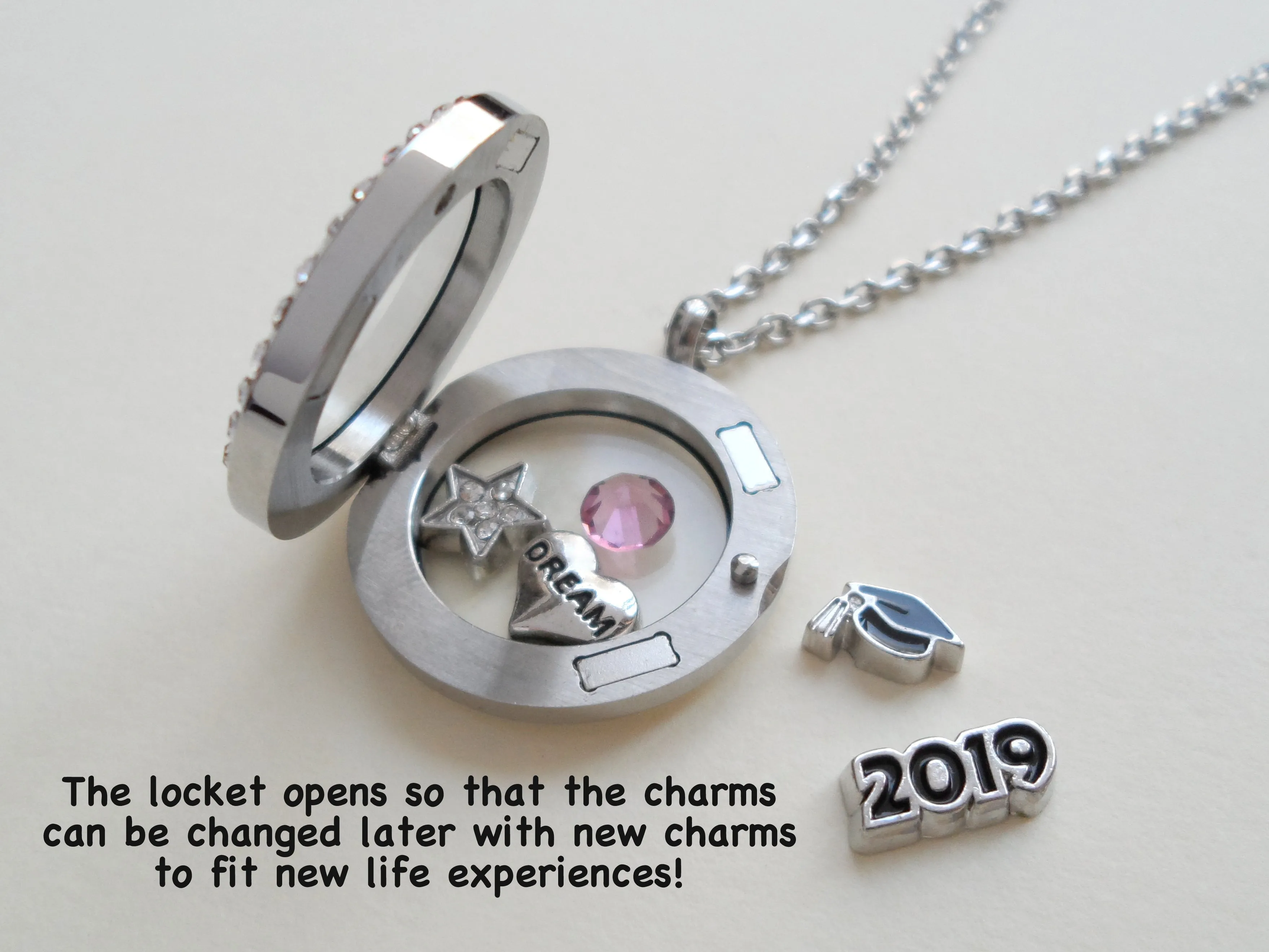 Class of 2025 Graduate Locket Necklace with Graduate Cap, 2025 Heart Charm, and Custom Letter & Birthstone - by Jewelry Everyday