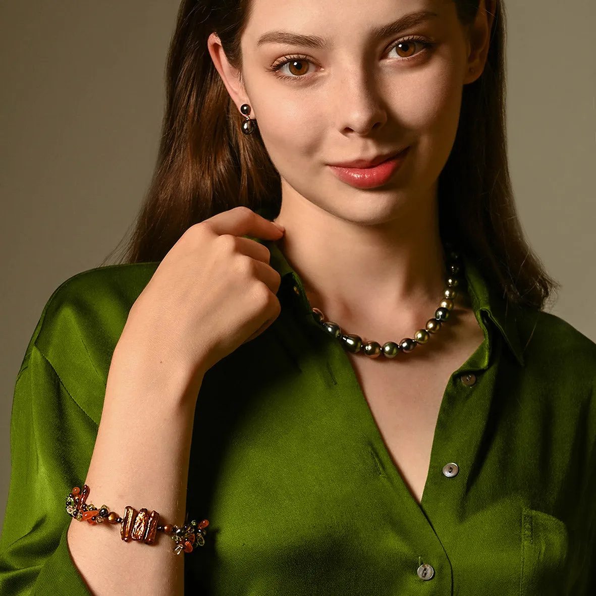 Copper Multi-Coloured Pearl & Semi Precious Stone 'Abstract' Bracelet