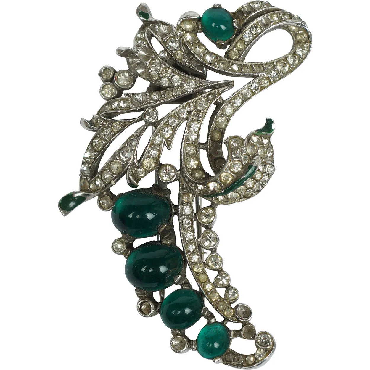 Crown Trifari 1940 Alfred Philippe Fur Clip Rhinestone &amp; Green Cabochons 122097