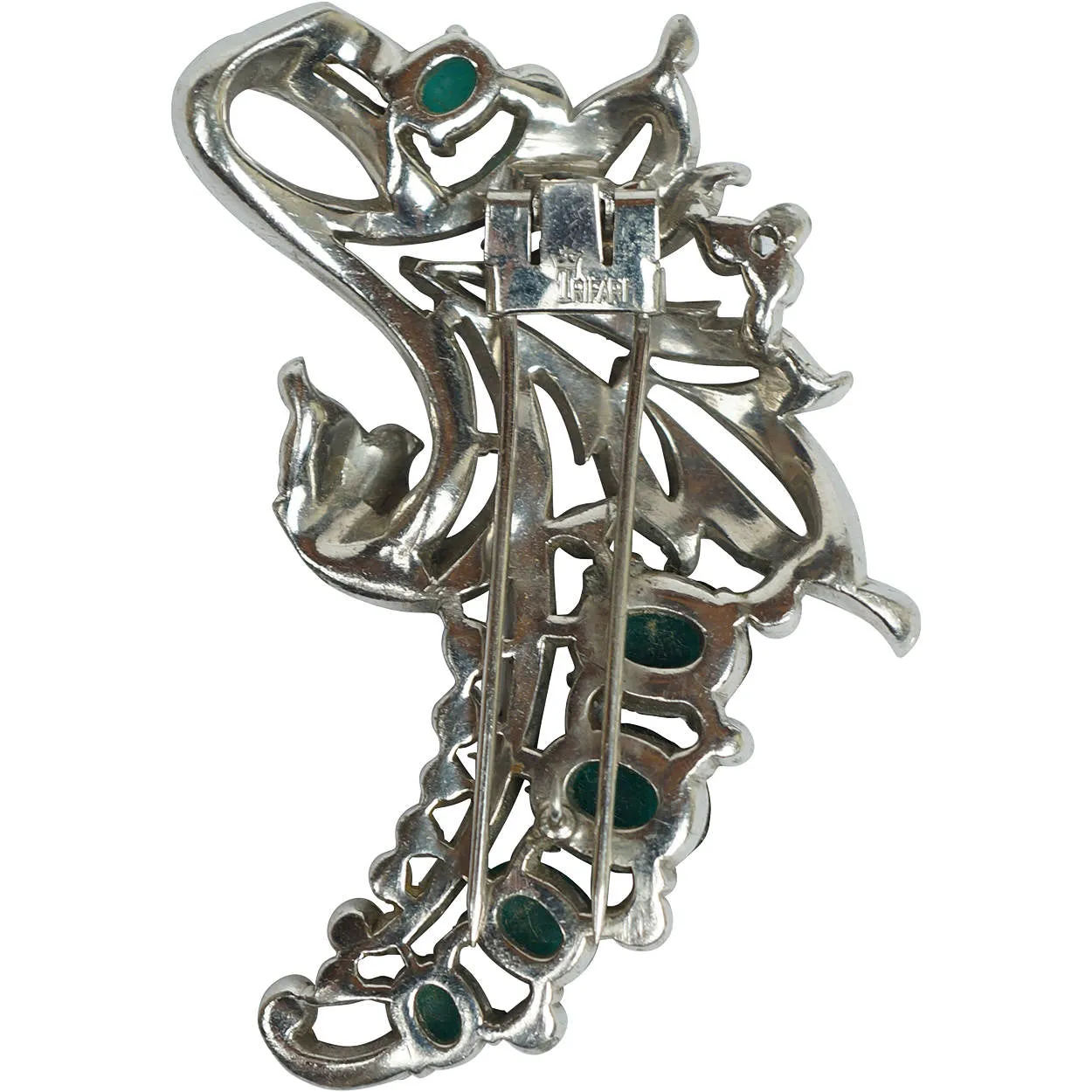 Crown Trifari 1940 Alfred Philippe Fur Clip Rhinestone &amp; Green Cabochons 122097