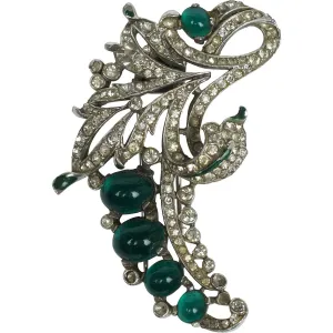 Crown Trifari 1940 Alfred Philippe Fur Clip Rhinestone &amp; Green Cabochons 122097