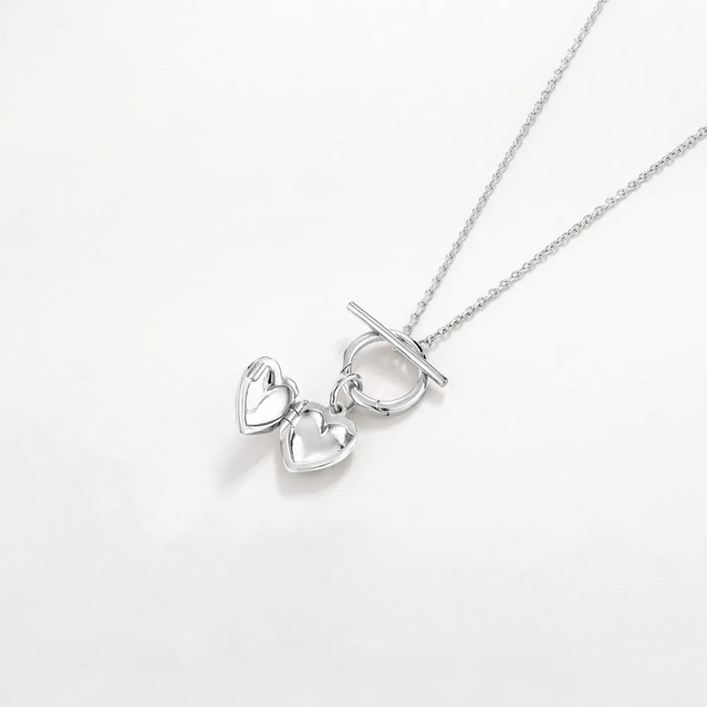Engravable Heart Locket Fob Chain Necklace in Silver