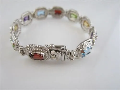 ESTATE 27CT MULTI COLOR EMERALD CUT 14K W GOLD BRACELET