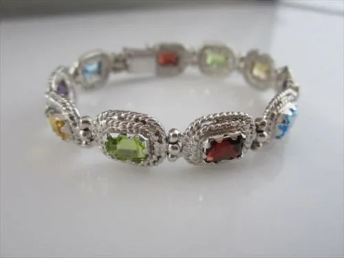 ESTATE 27CT MULTI COLOR EMERALD CUT 14K W GOLD BRACELET