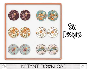 Fall Round Stud Earring PNG Bundle, Sublimation Design Download, Pumpkin Earring Design