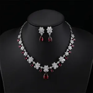 Fashion Jewelry Set Gorgeous Cubic Zirconia Party Flower Necklace Earrings Set