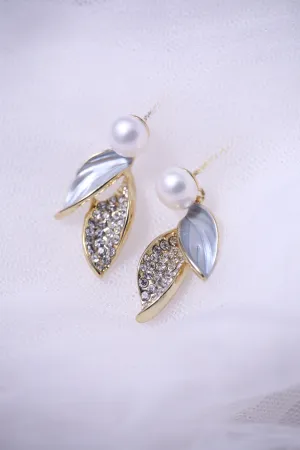 Fresh Water Pearls with Gold Plated Sparkling Leaves Earrings