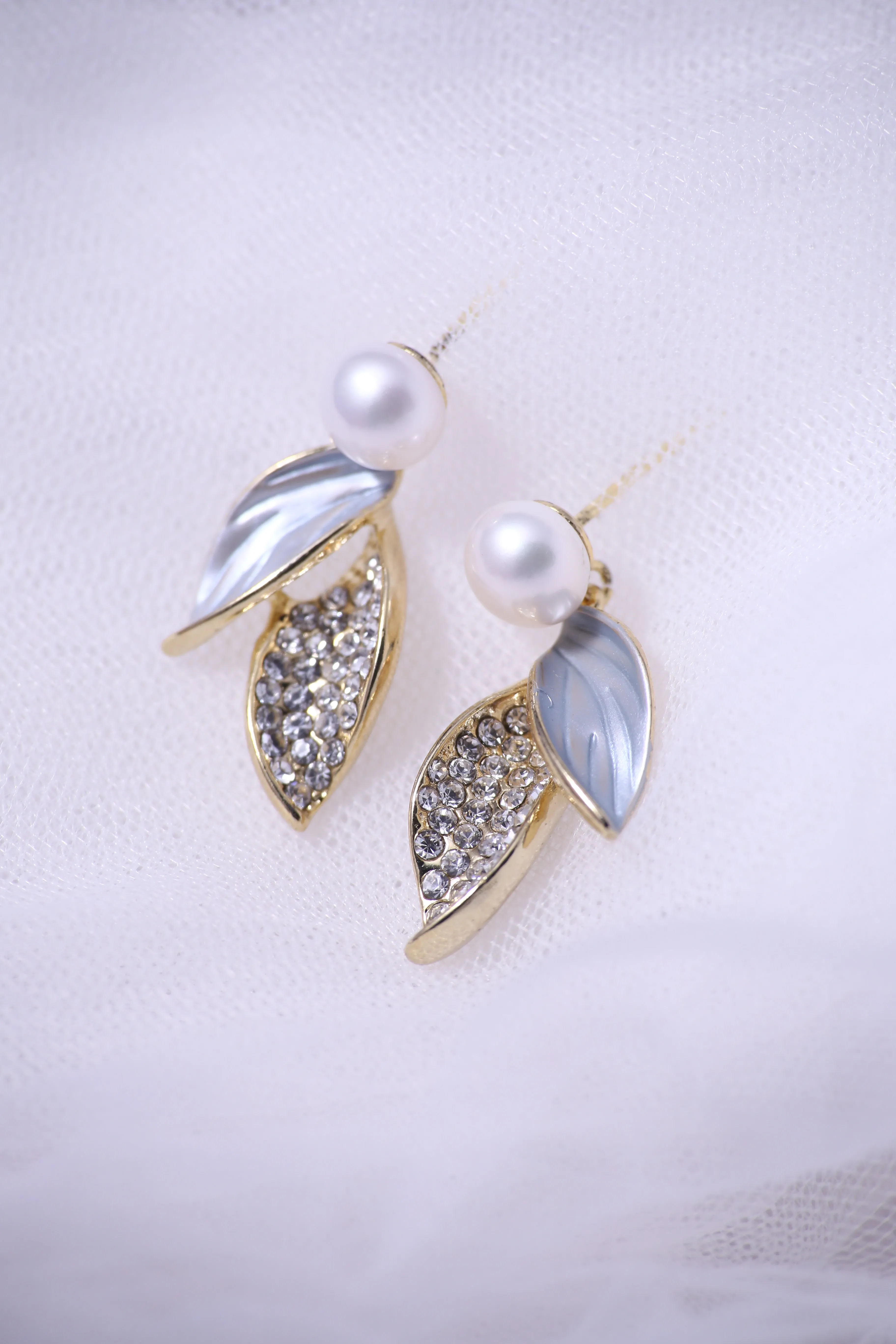 Fresh Water Pearls with Gold Plated Sparkling Leaves Earrings