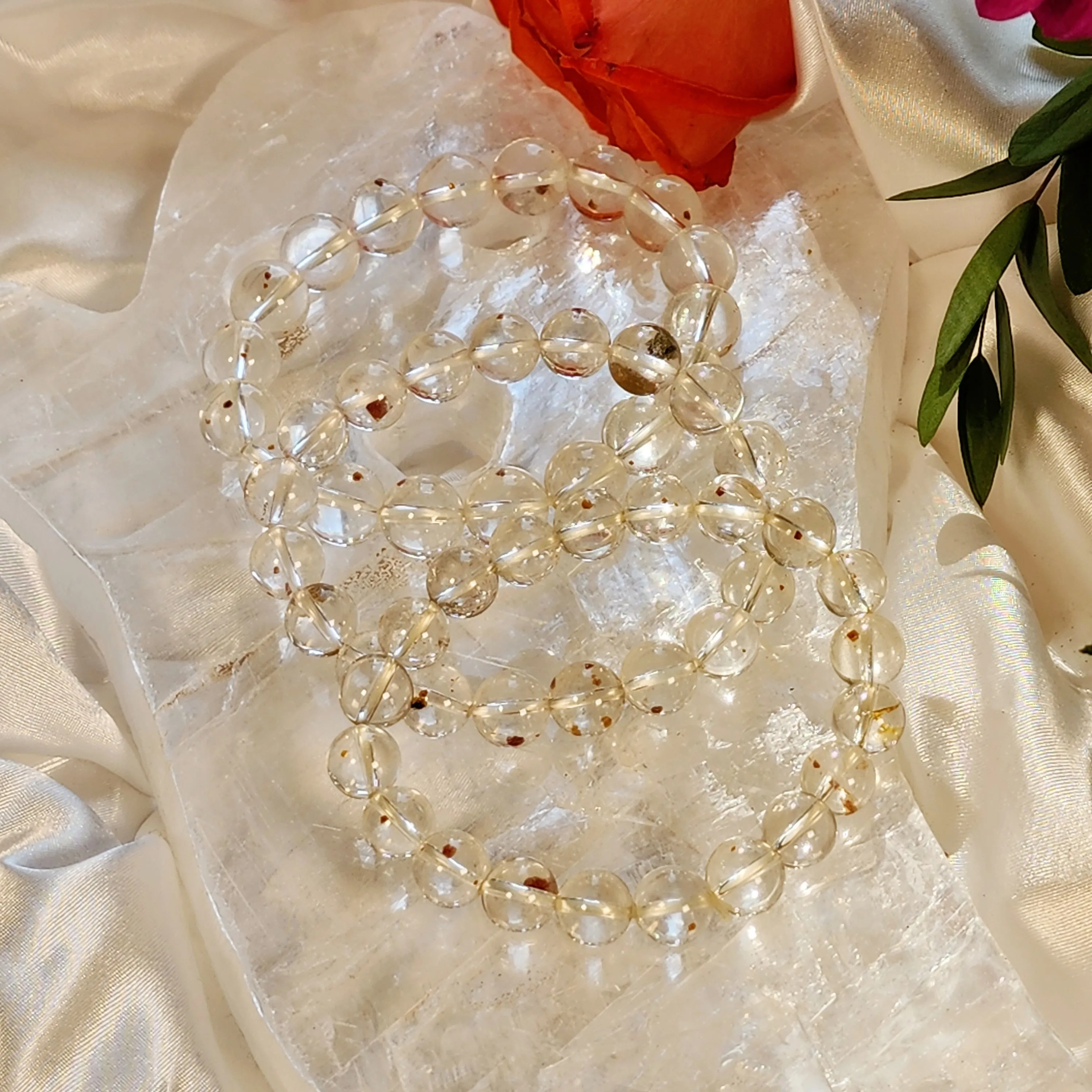 Garnet in Clear Quartz Bracelet for Manifesting Health, Grounding and Protection