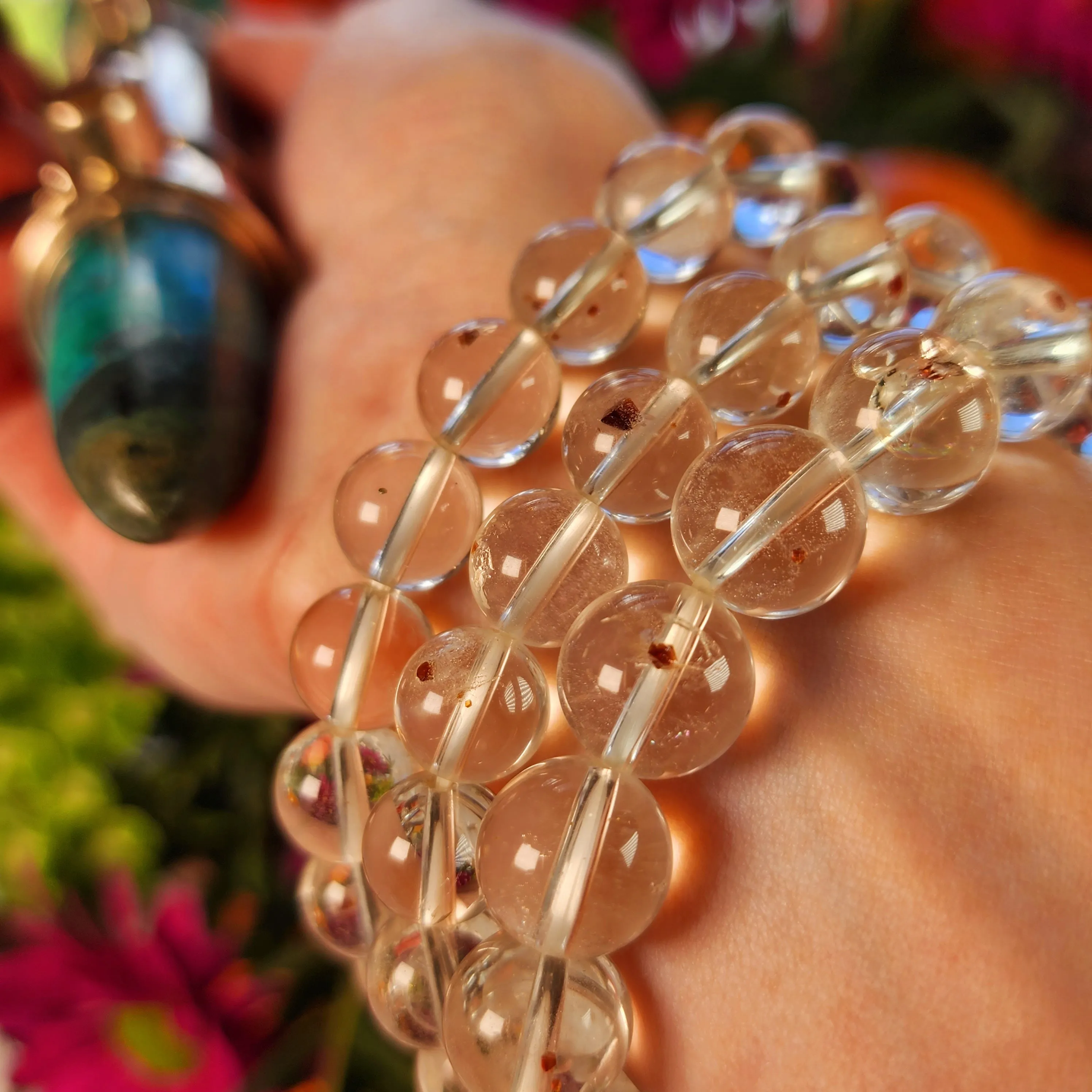 Garnet in Clear Quartz Bracelet for Manifesting Health, Grounding and Protection