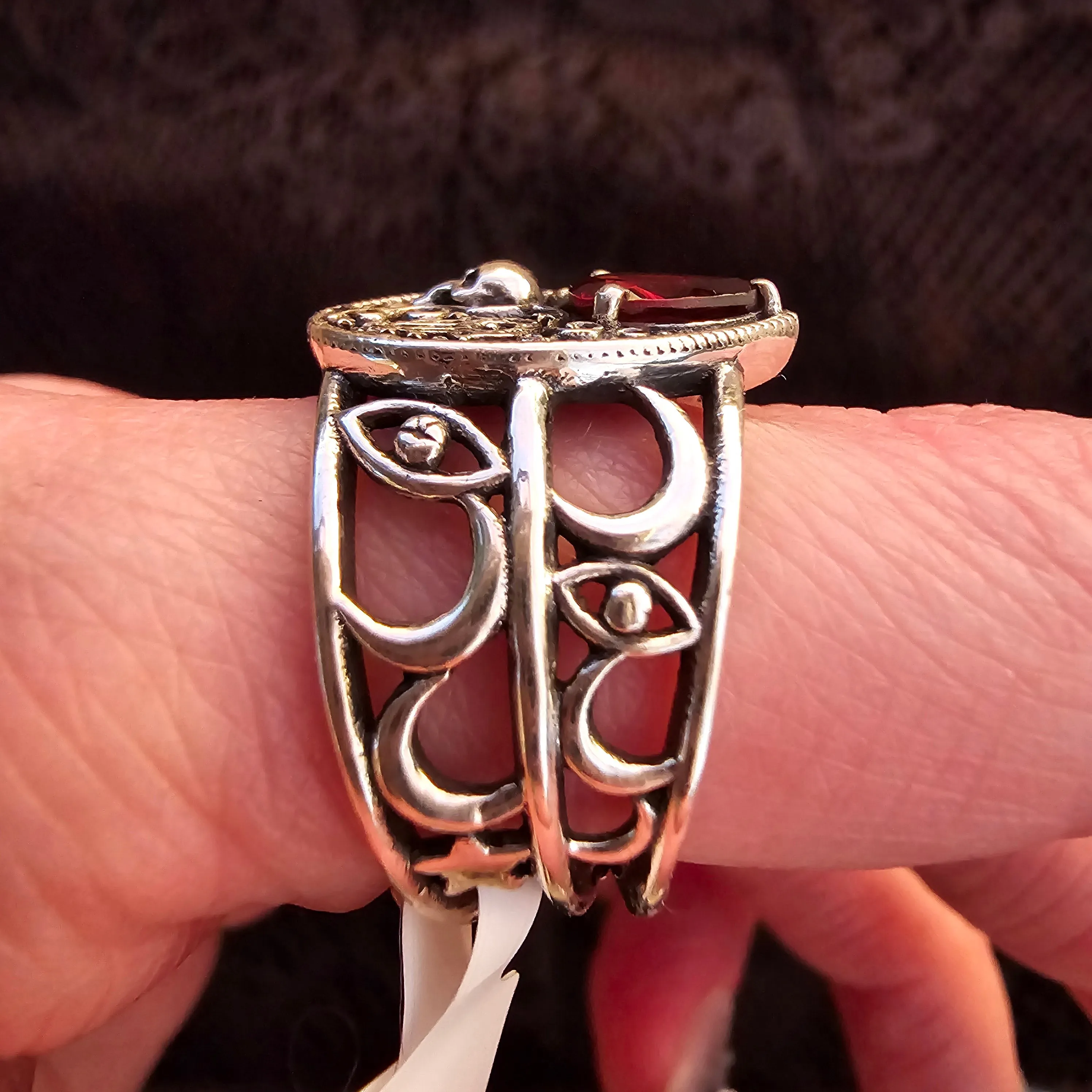 Garnet Ouija Adjustable Finger Cuff Ring .925 Silver for Health, Strength and Feminine Power