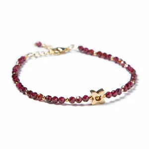 Garnet with Gold Flower Charm Bracelet, January Birthstone Bracelet; Minimalist