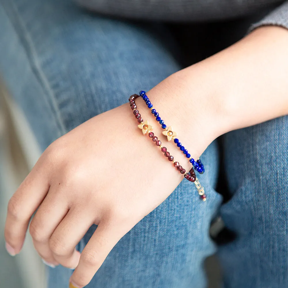 Garnet with Gold Flower Charm Bracelet, January Birthstone Bracelet; Minimalist