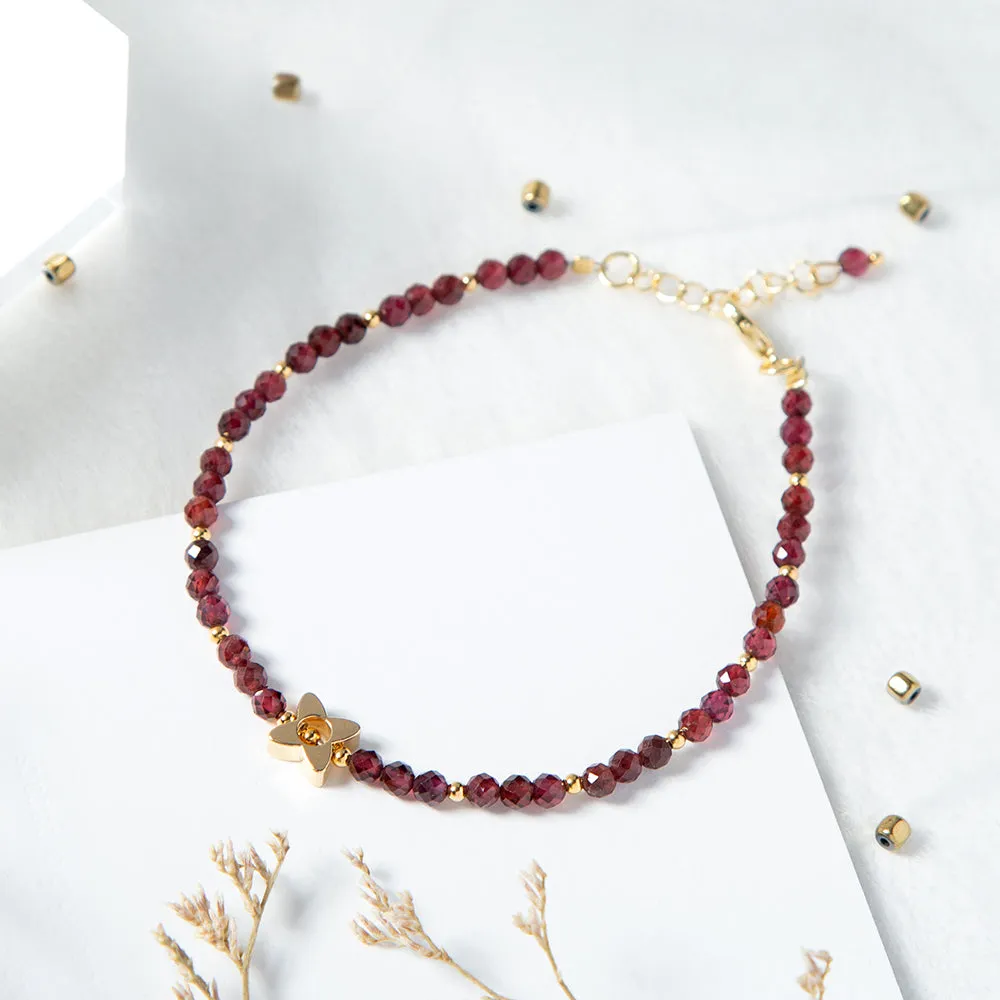 Garnet with Gold Flower Charm Bracelet, January Birthstone Bracelet; Minimalist