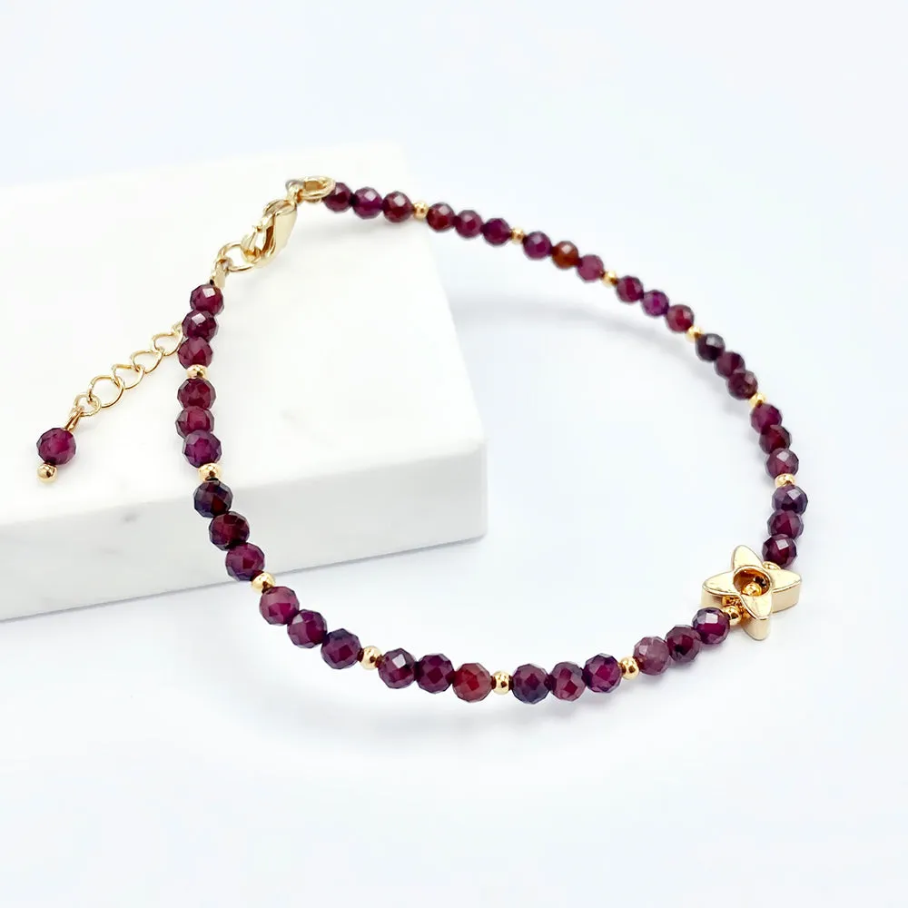 Garnet with Gold Flower Charm Bracelet, January Birthstone Bracelet; Minimalist