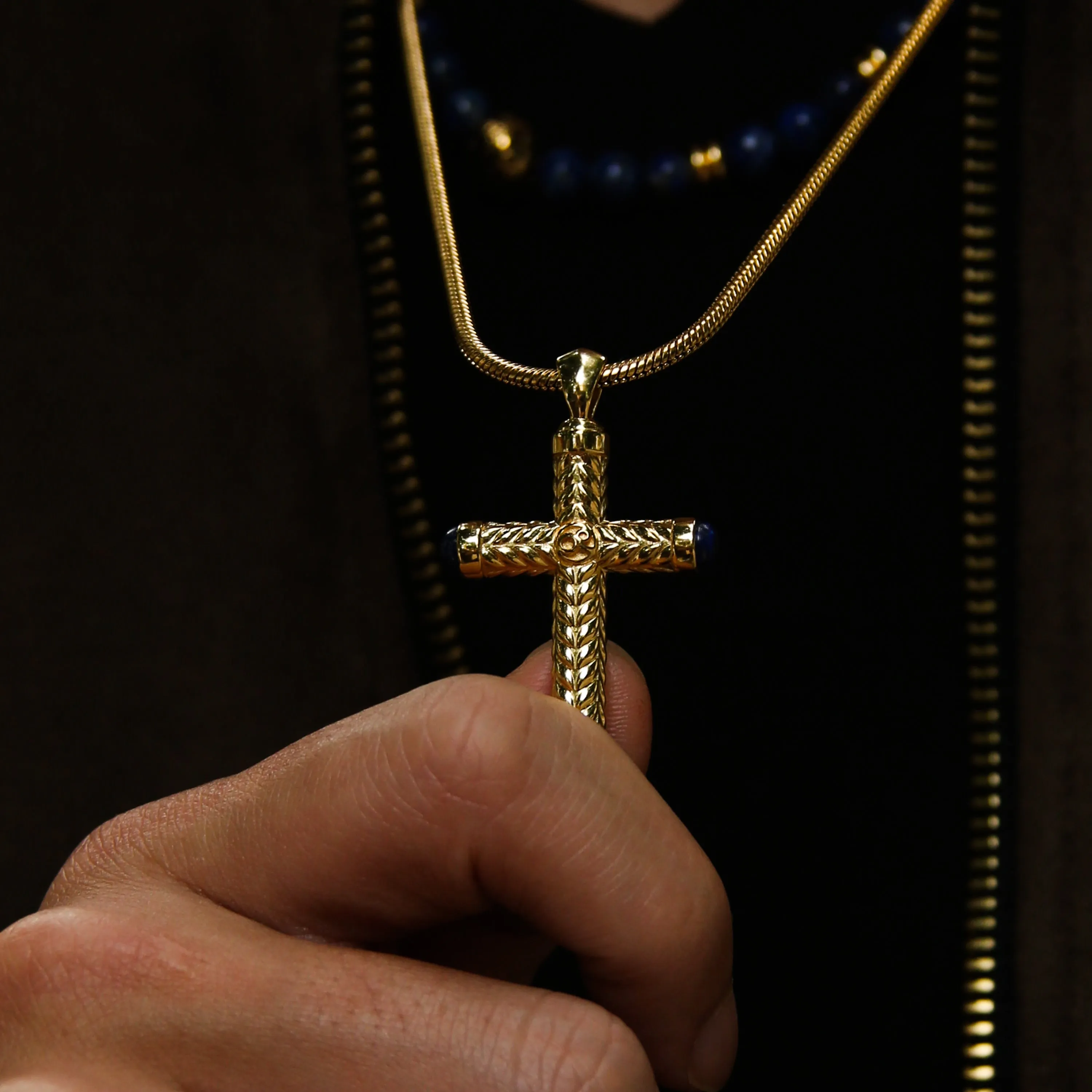 Gold Cross Pendant With Lapis Lazuli