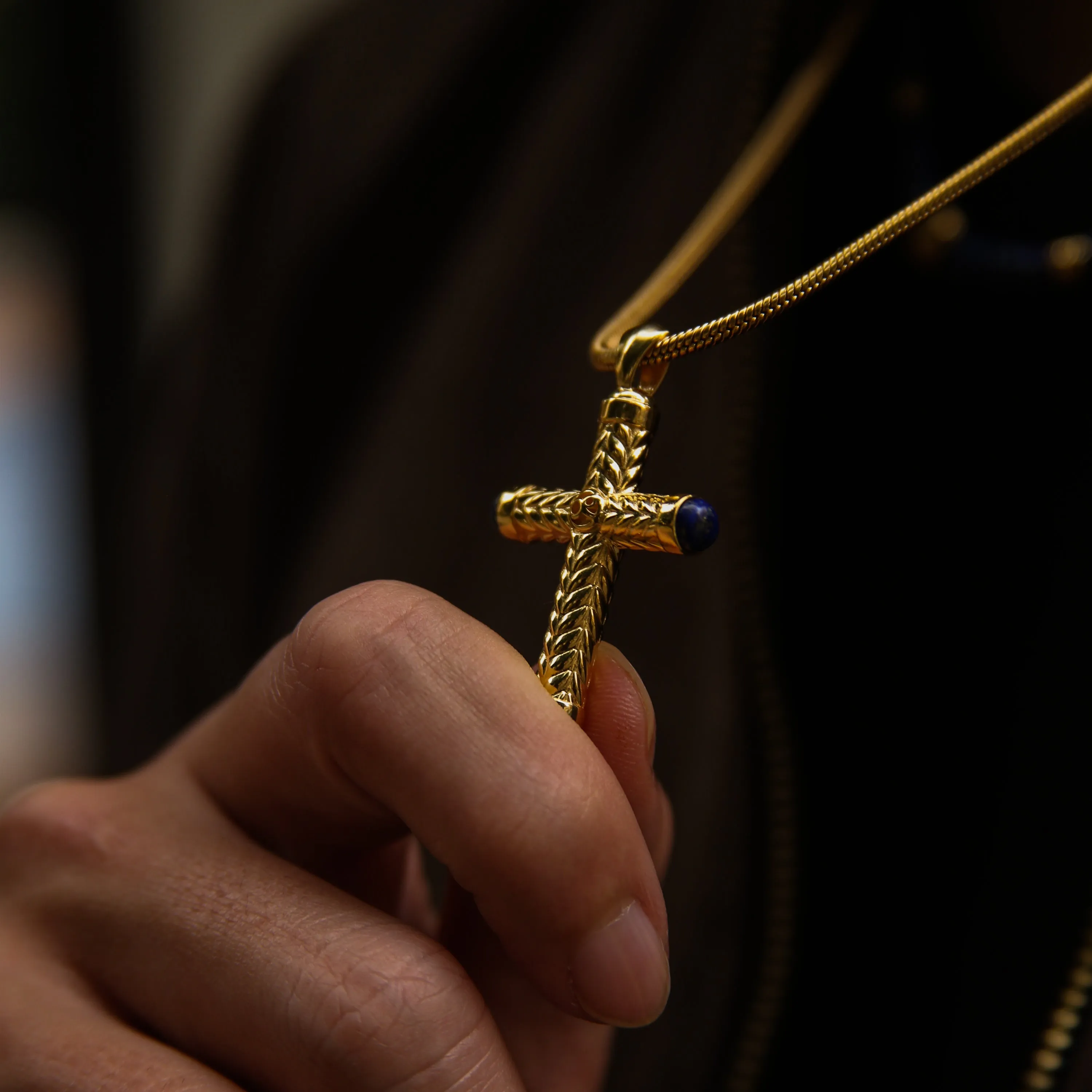 Gold Cross Pendant With Lapis Lazuli