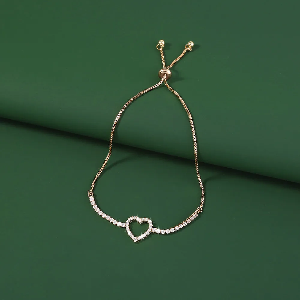 Gold Open Heart Brass Micro-Set Zircon Pendant Shrink-Pull Brass Bead Bracelet
