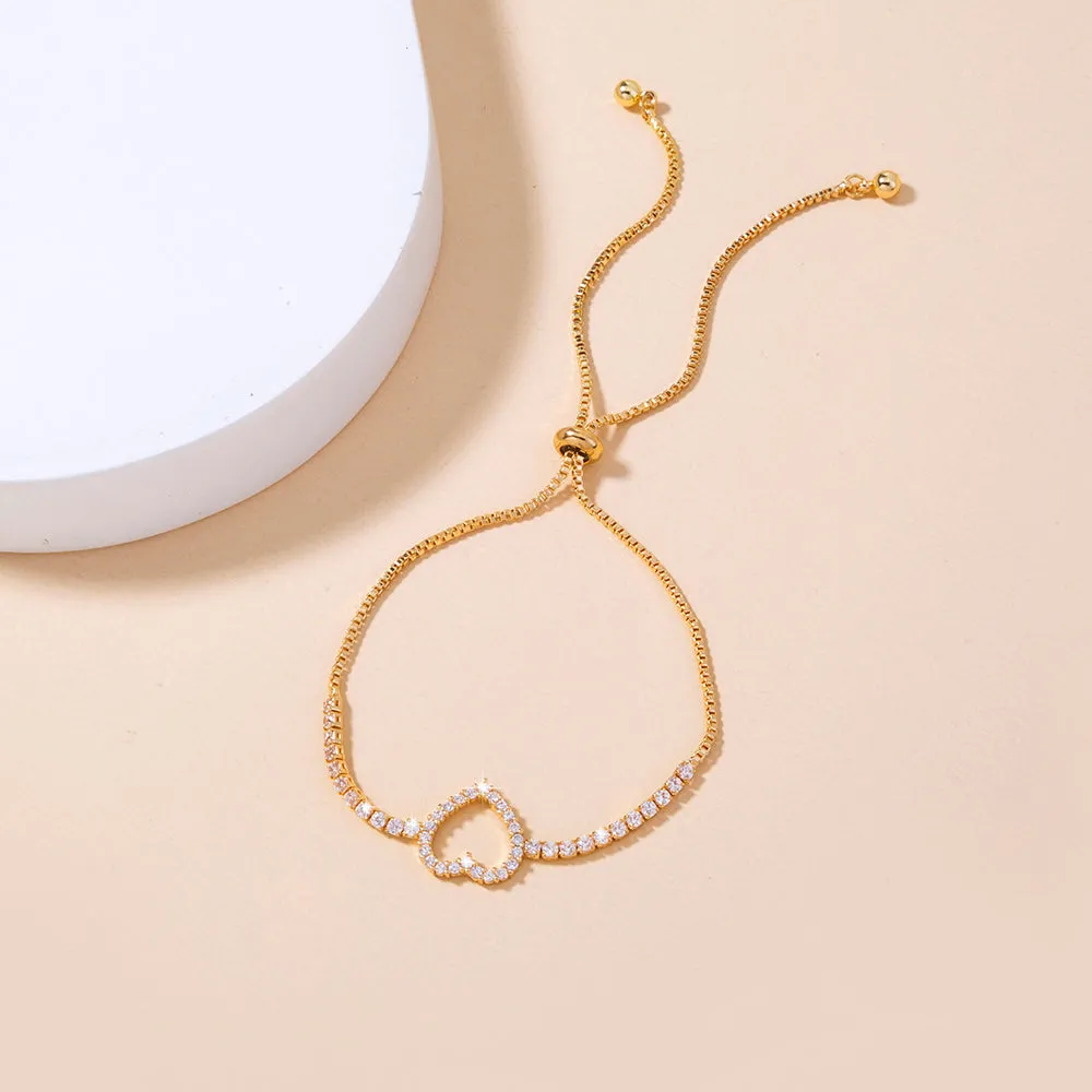 Gold Open Heart Brass Micro-Set Zircon Pendant Shrink-Pull Brass Bead Bracelet