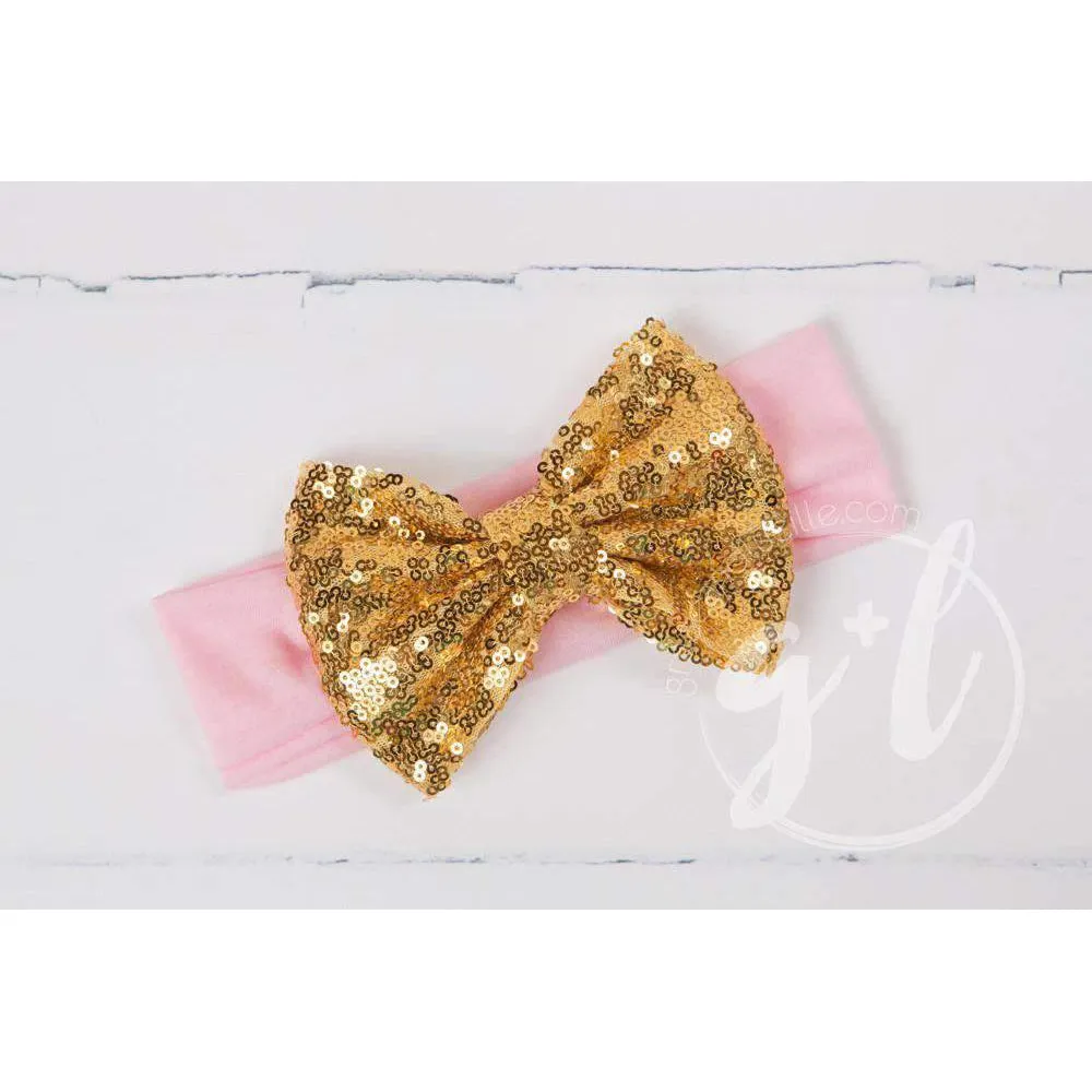 Gold Sequined Bow on Solid Pink Headband