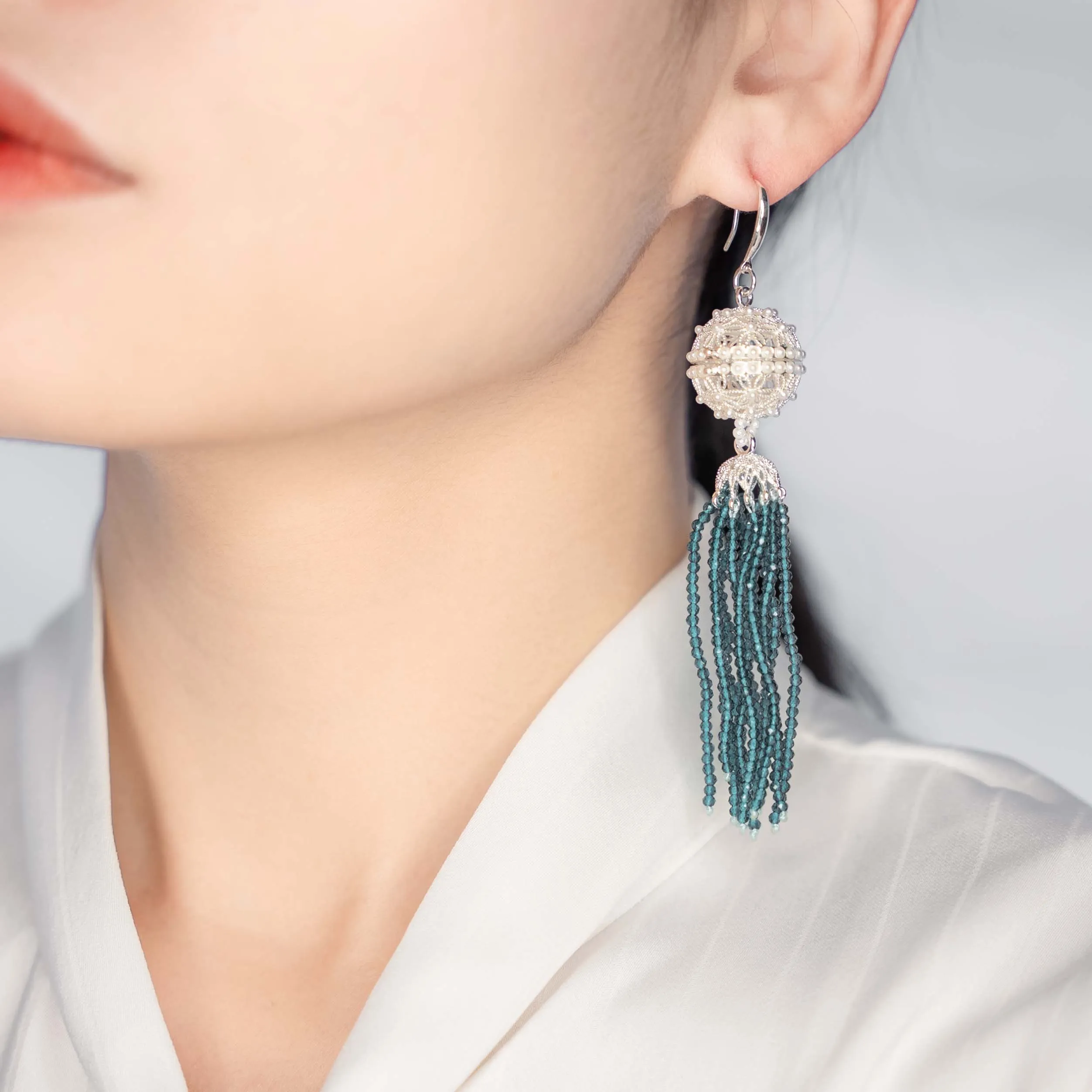 Herbal Locket Crystal Tassel Earrings - Peacock Blue Zirconia