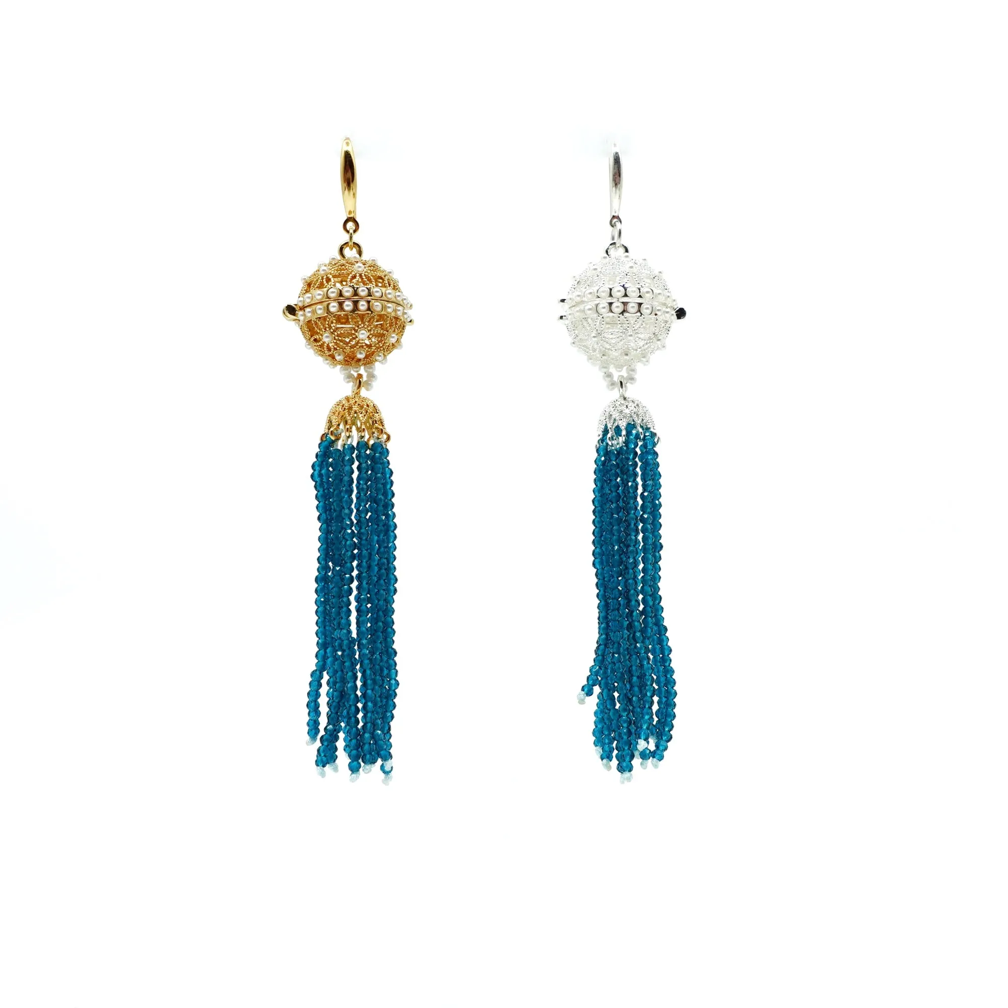 Herbal Locket Crystal Tassel Earrings - Peacock Blue Zirconia
