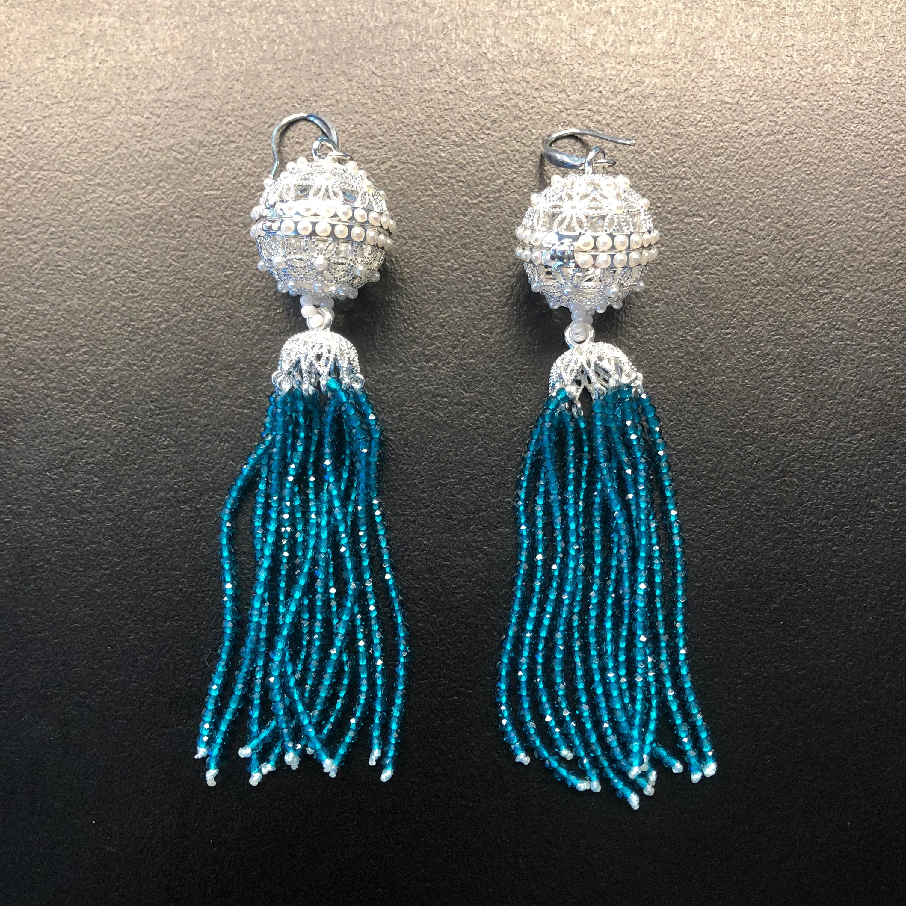 Herbal Locket Crystal Tassel Earrings - Peacock Blue Zirconia