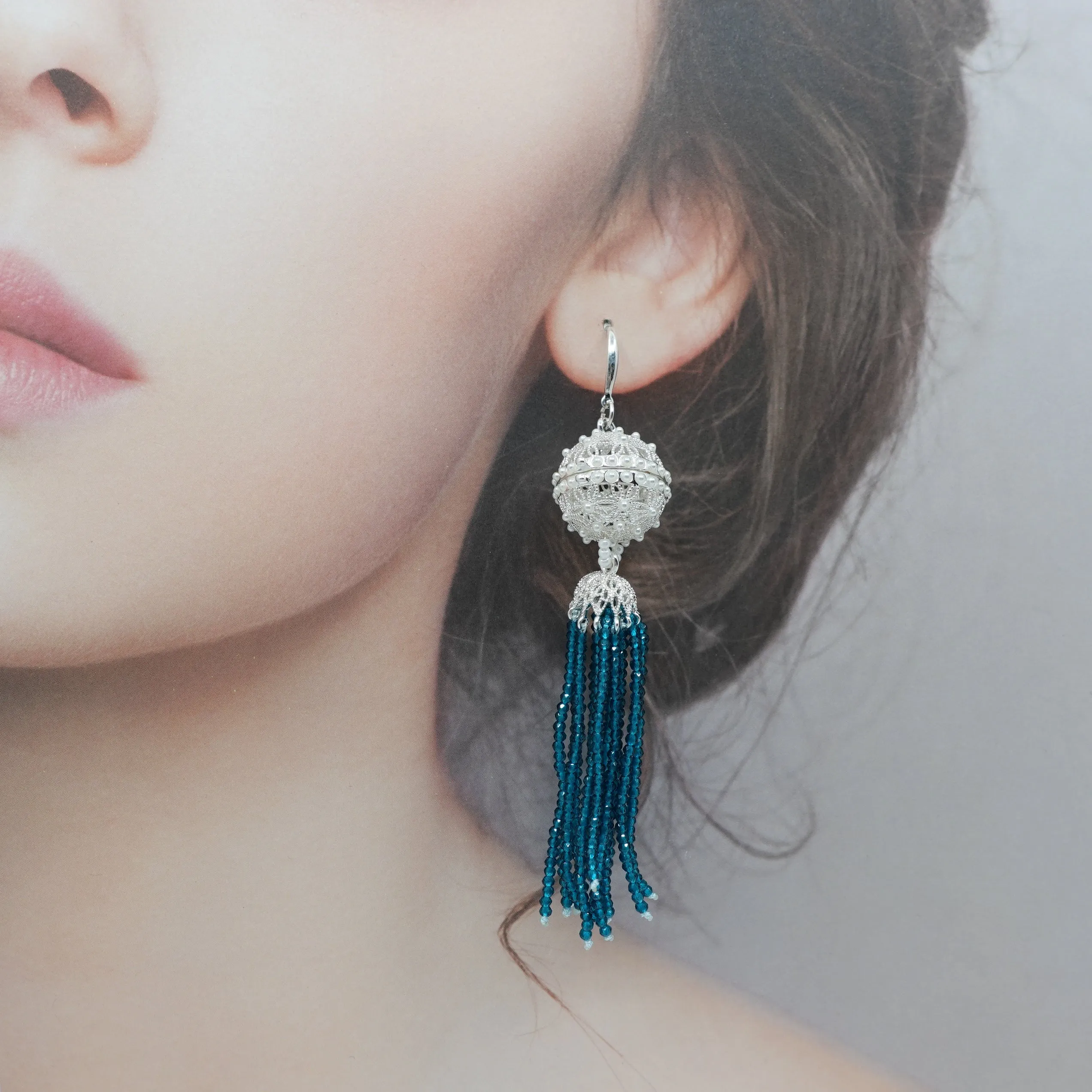 Herbal Locket Crystal Tassel Earrings - Peacock Blue Zirconia