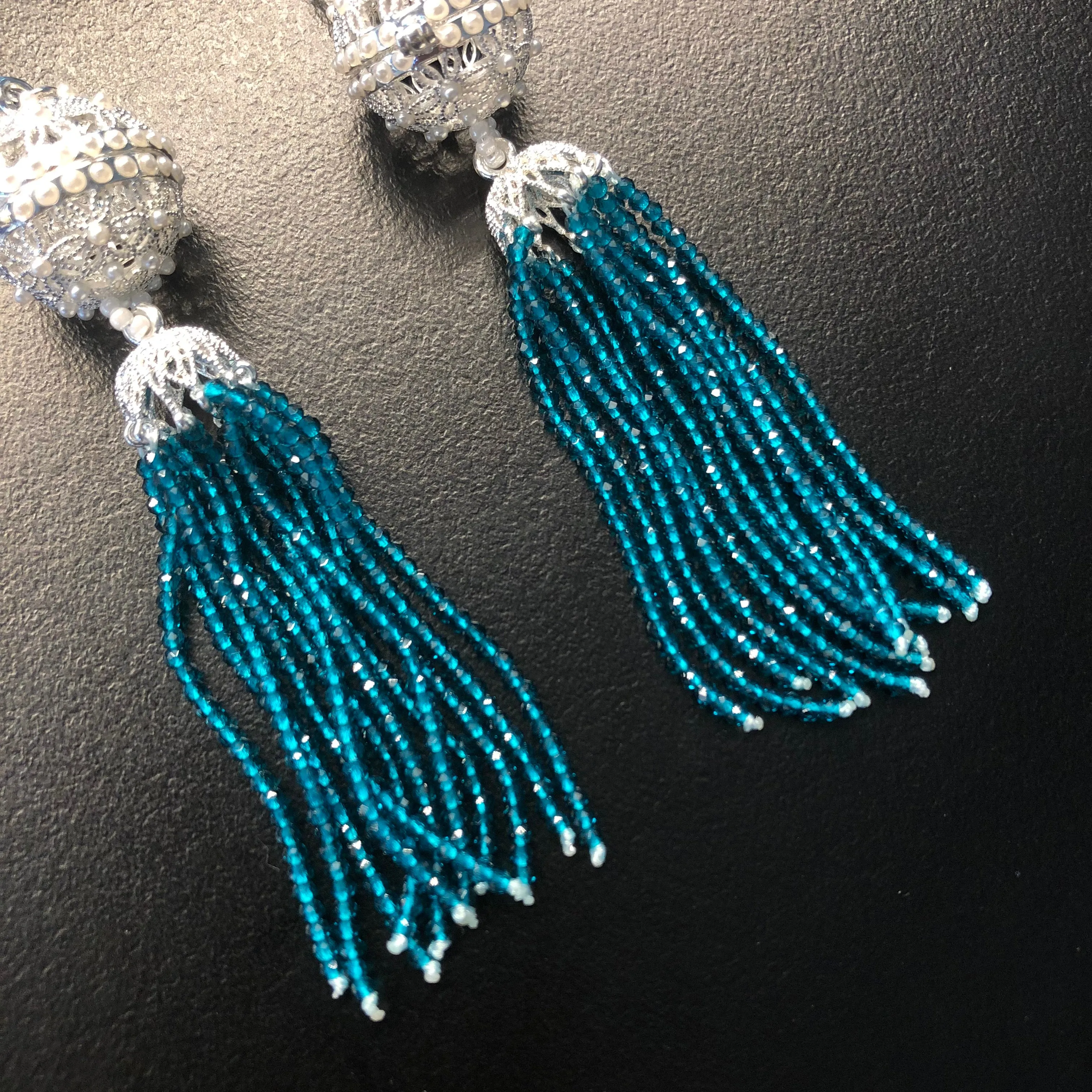 Herbal Locket Crystal Tassel Earrings - Peacock Blue Zirconia