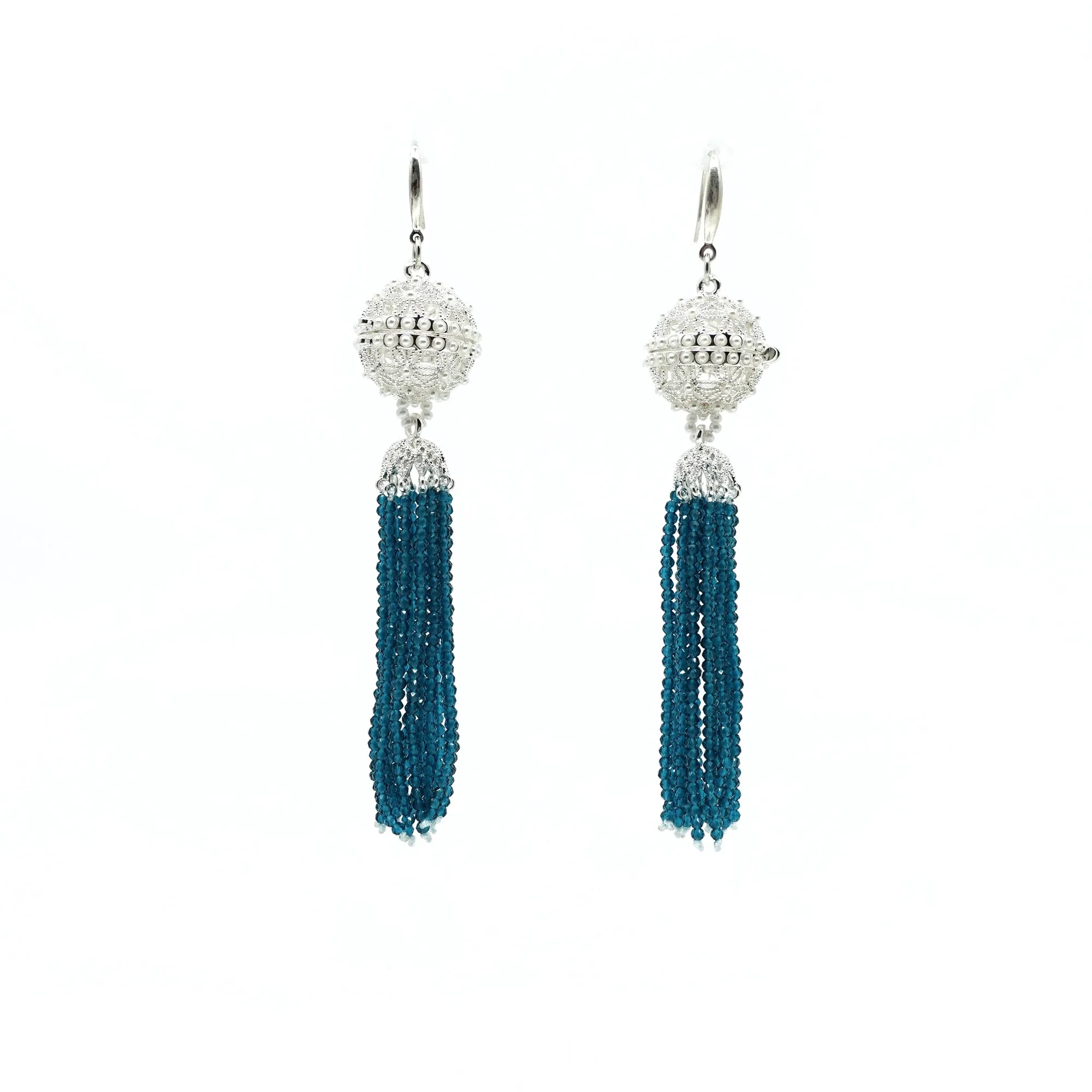 Herbal Locket Crystal Tassel Earrings - Peacock Blue Zirconia