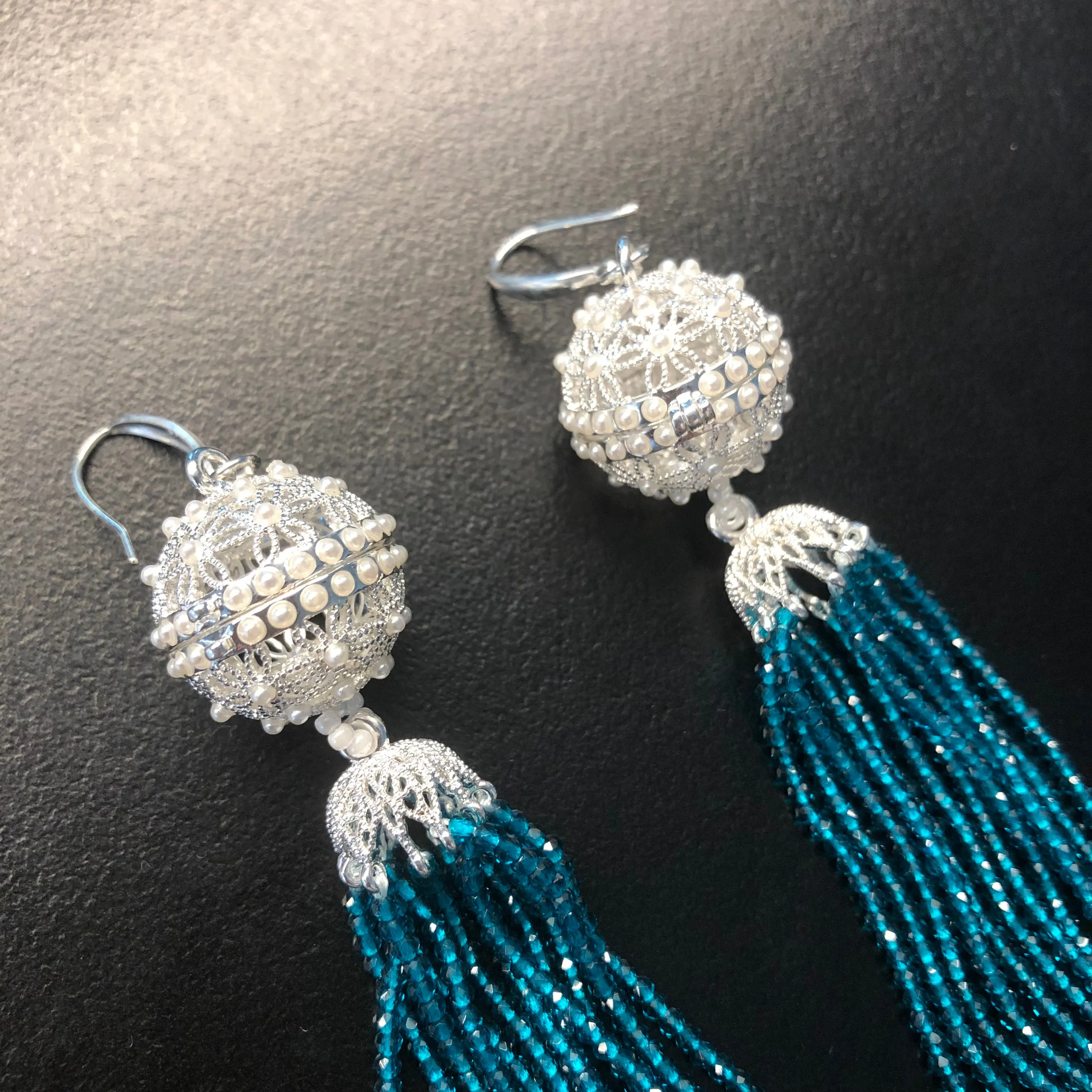 Herbal Locket Crystal Tassel Earrings - Peacock Blue Zirconia