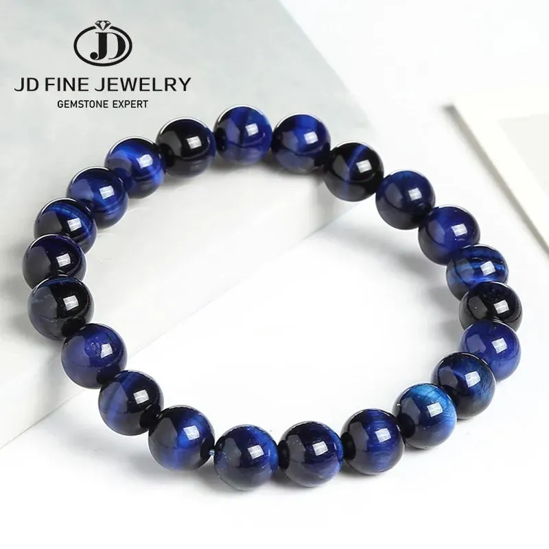 JD High Quality Blue Tiger Eye Buddha Bracelets Women Men Natural Stone Round Bead Stretch Yoga Meditation Bangles Jewelry Gift