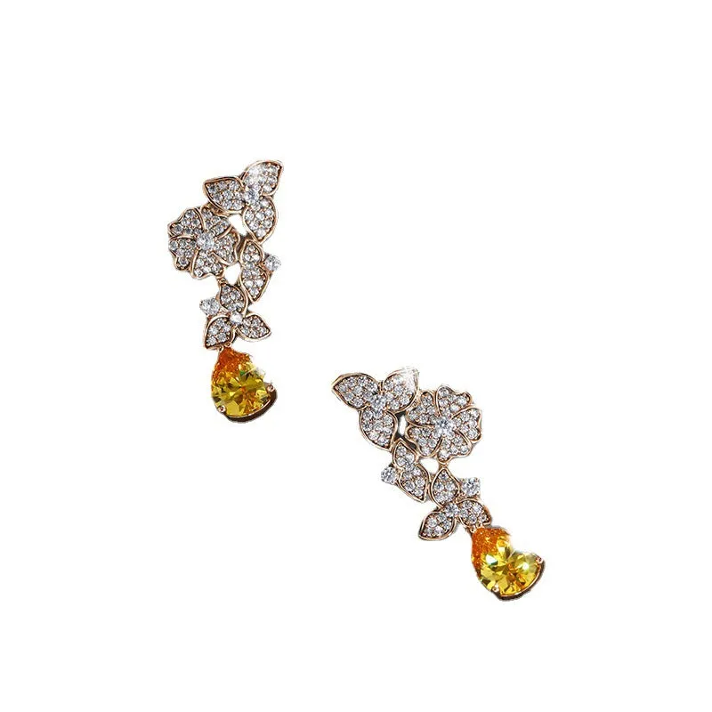 Jewelry Plant Flower Fashion Retro Drop-Shaped Earrings Feminine Light Luxurious Artificial Stone Earrings